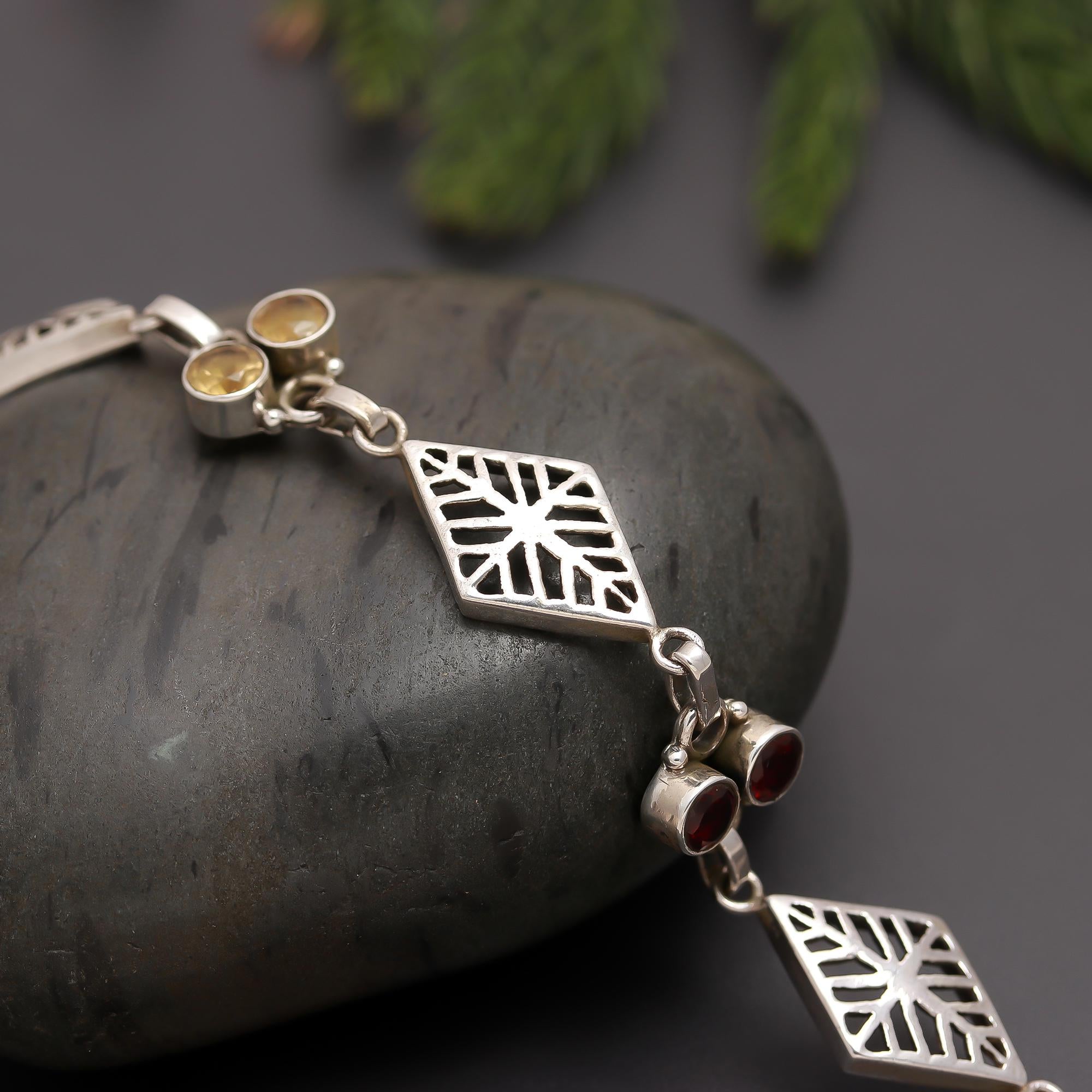 925 Silver Garnet & Citrine Link Bracelet