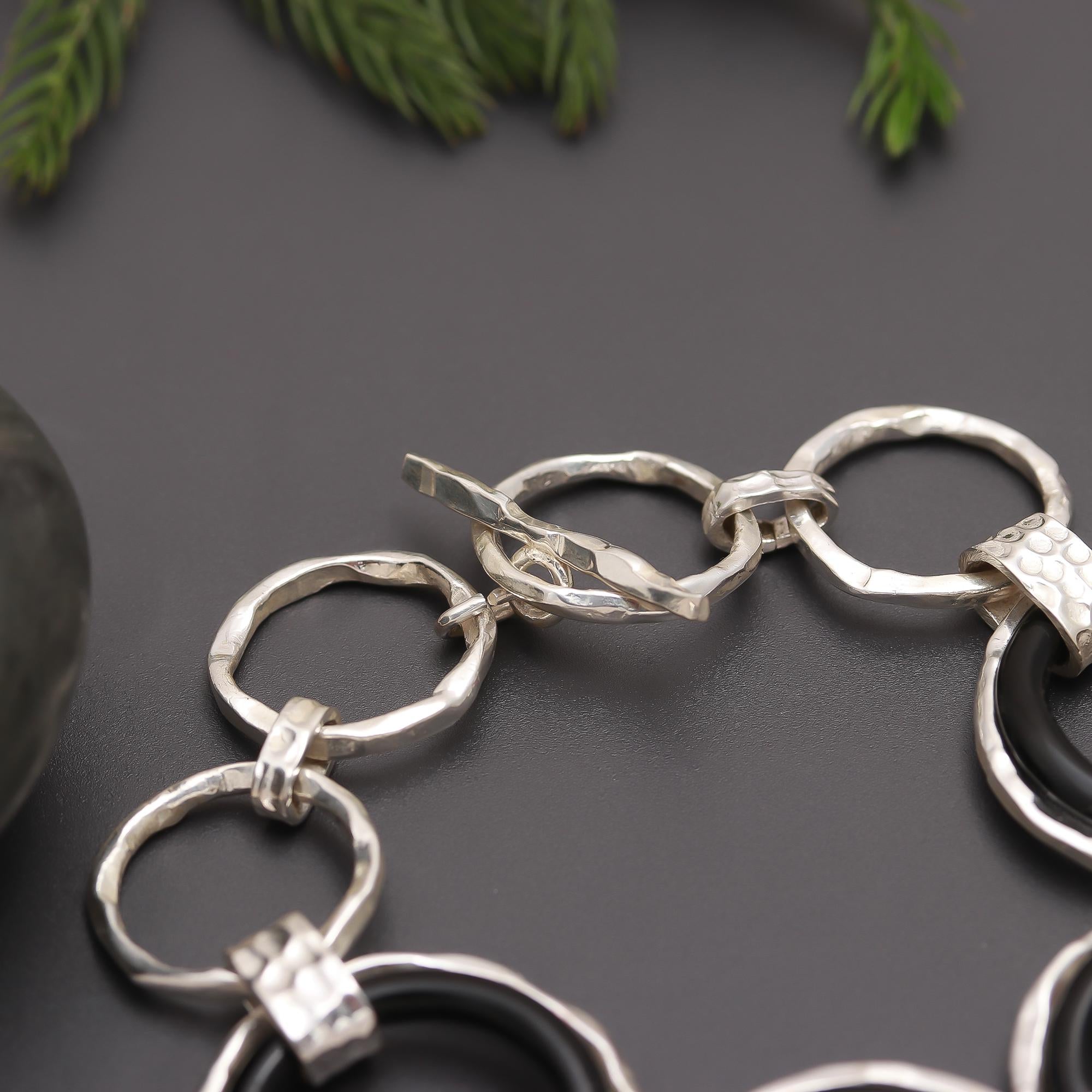 925 Silver & Black Onyx Circle Link Statement Bracelet