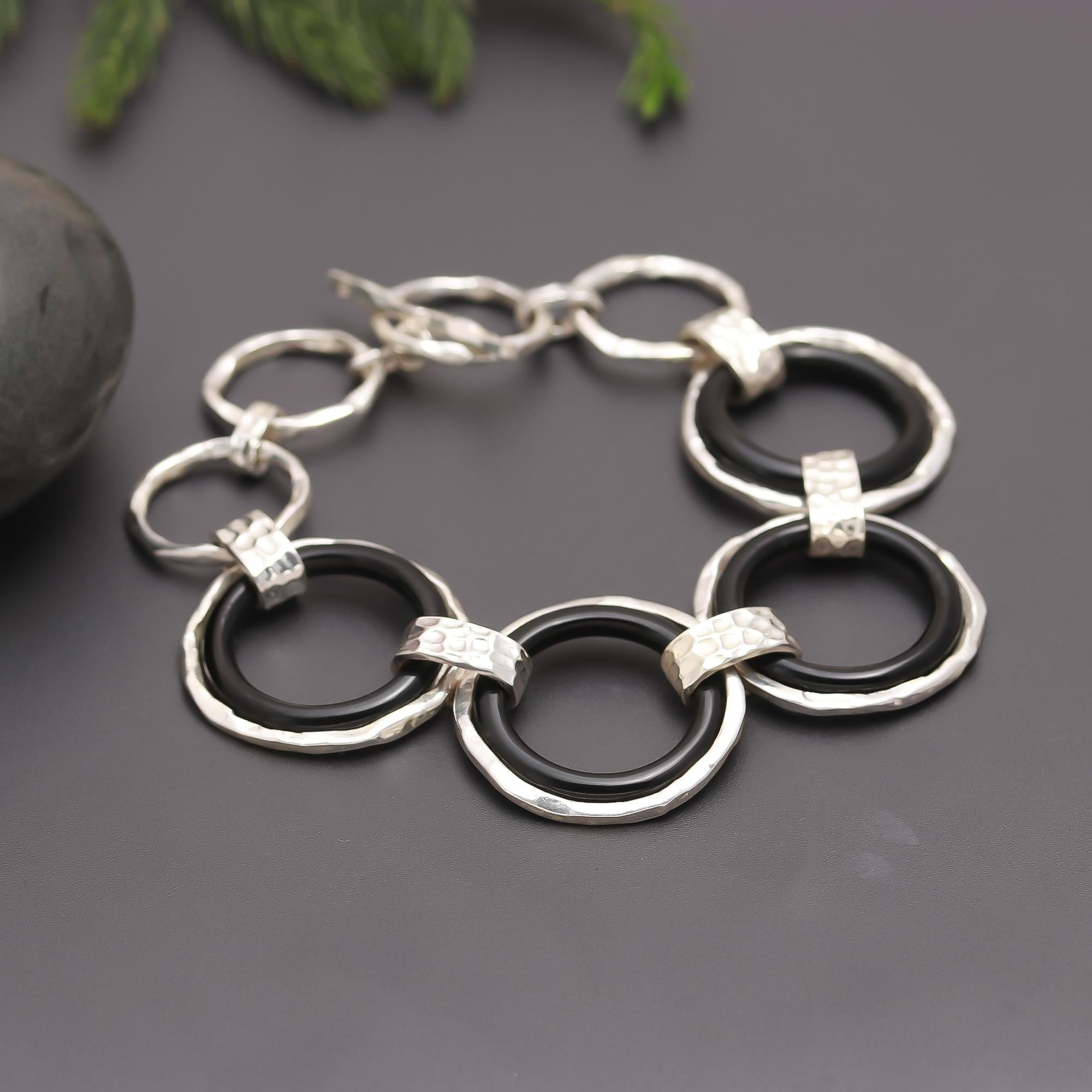 925 Silver & Black Onyx Circle Link Statement Bracelet