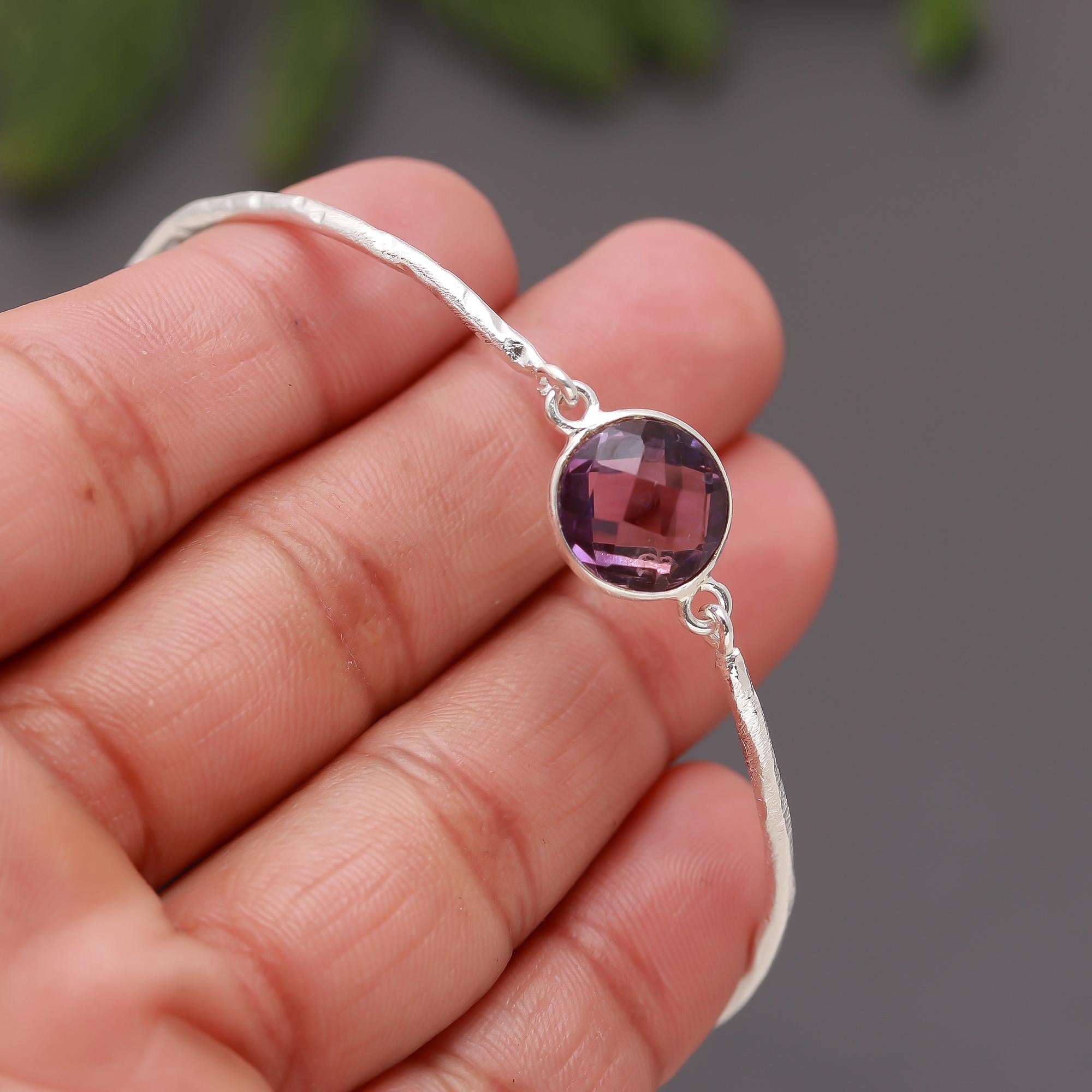 925 Silver Round Amethyst Hammered Bracelet