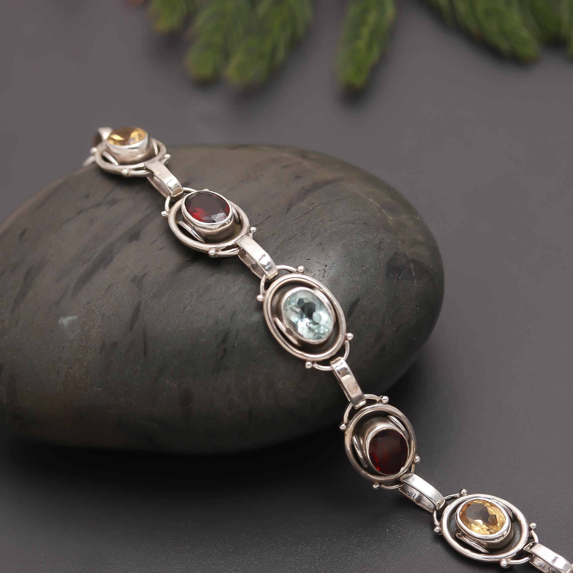 925 Silver Multi-Gemstone Oval Link Bracelet