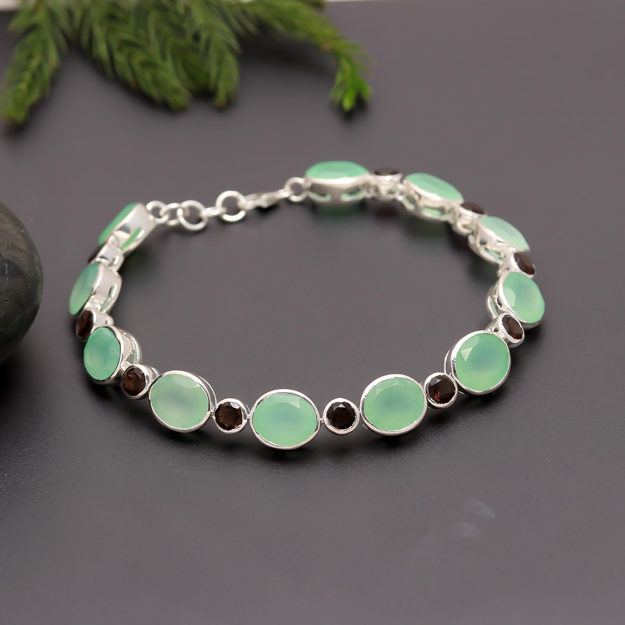 925 Silver Green Onyx & Smoky Quartz Link Bracelet