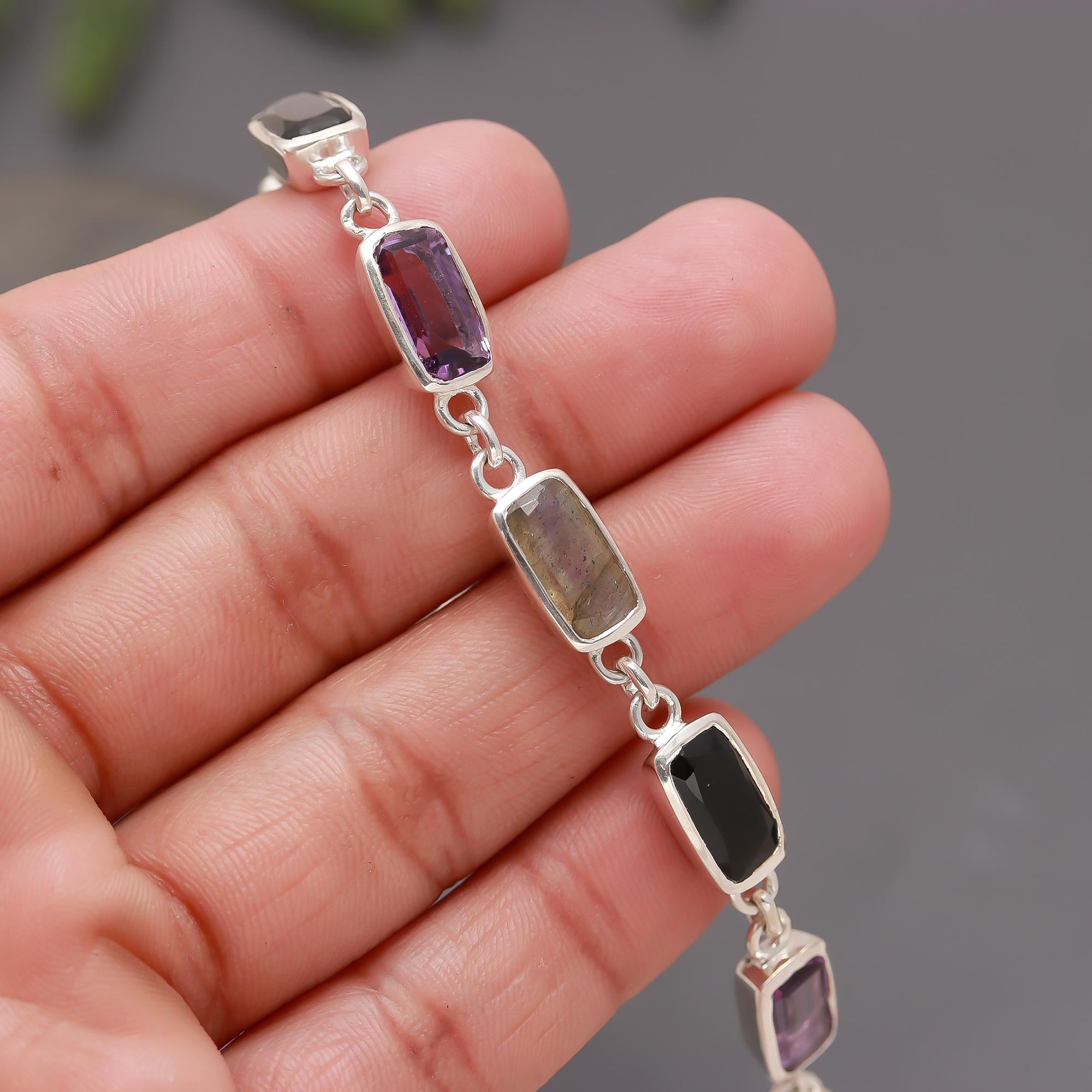925 Silver Multi-Gemstone Link Bracelet