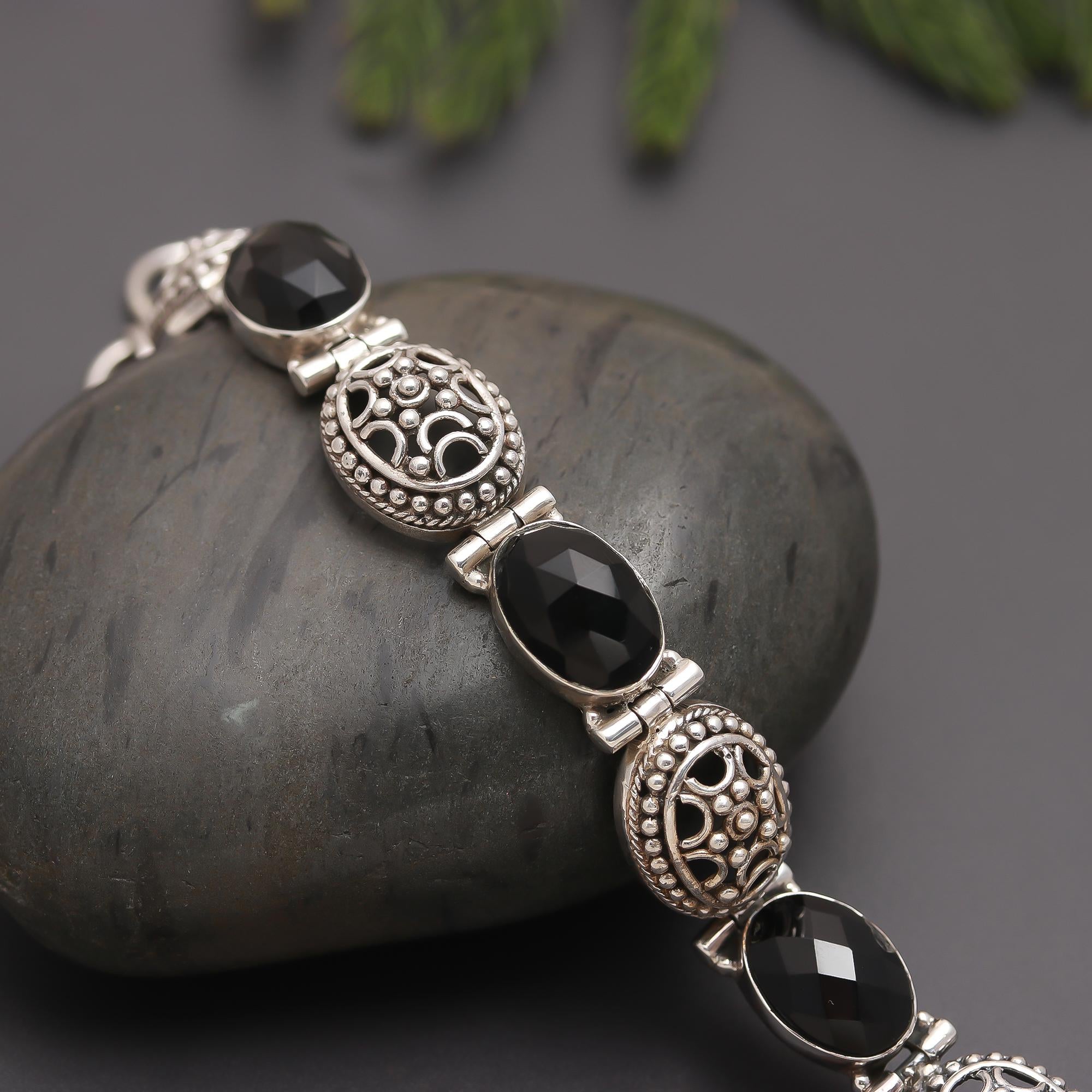 925 Silver Oval Black Onyx & Filigree Link Bracelet