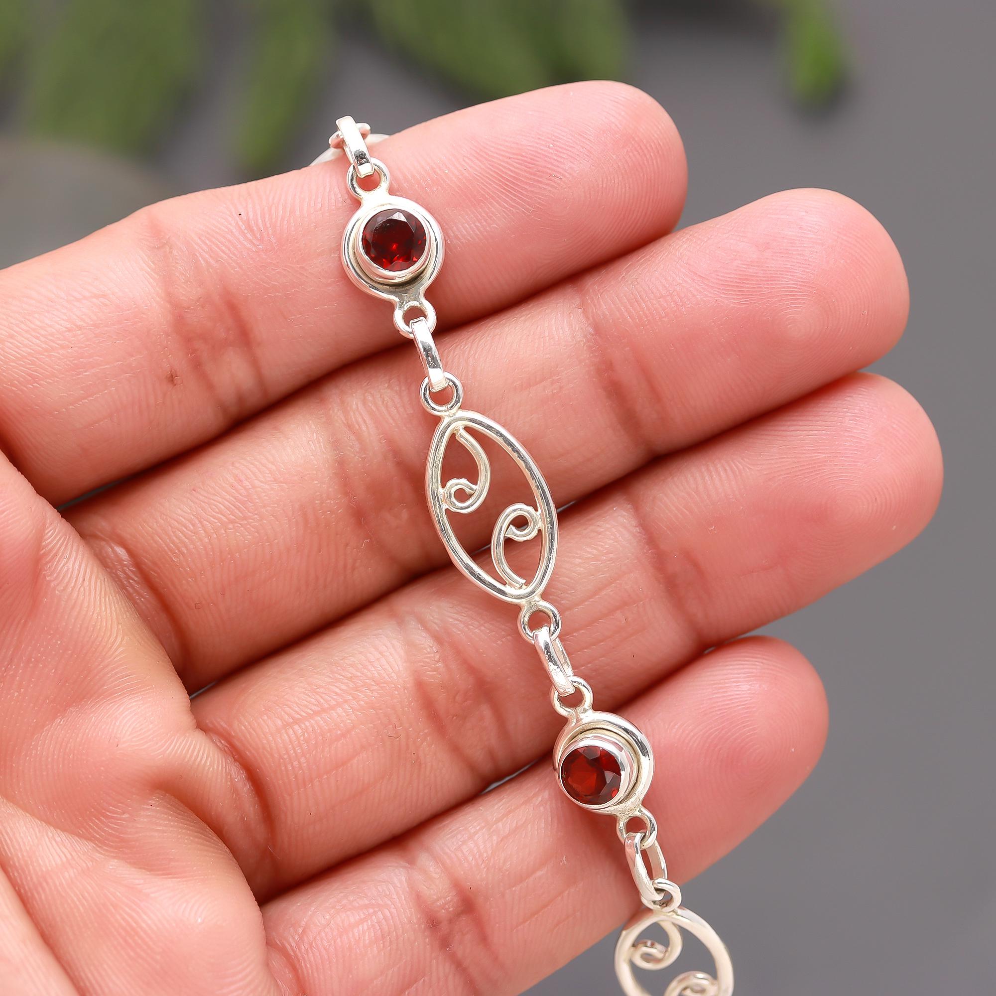 925 Silver Garnet Link Bracelet