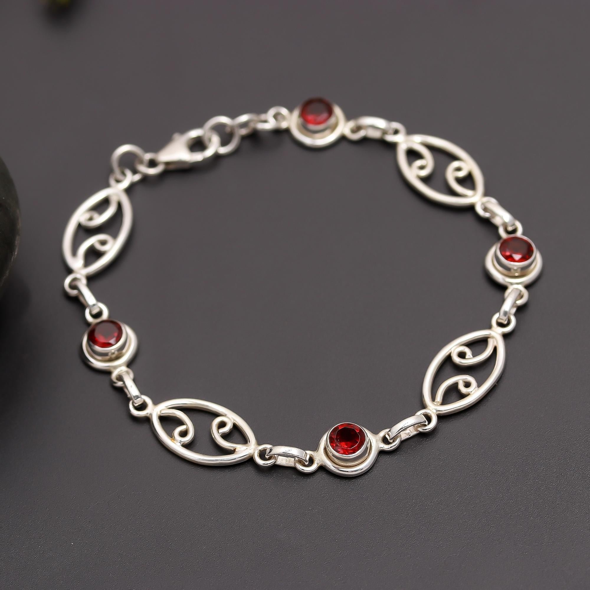 925 Silver Garnet Link Bracelet