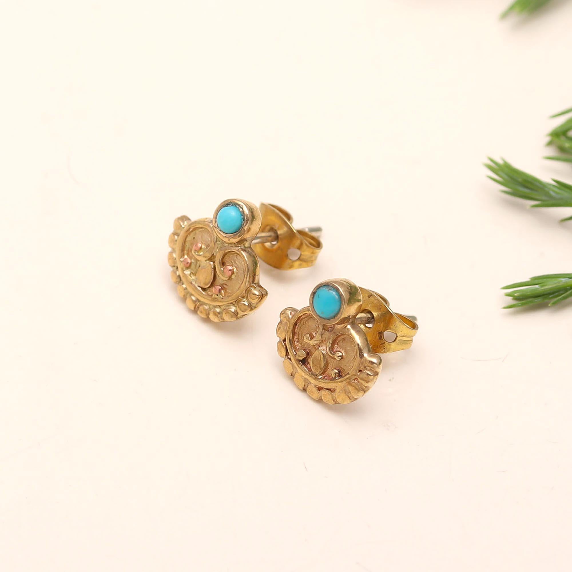 The Turquoise Scroll: Gold Filigree & Gemstone Studs