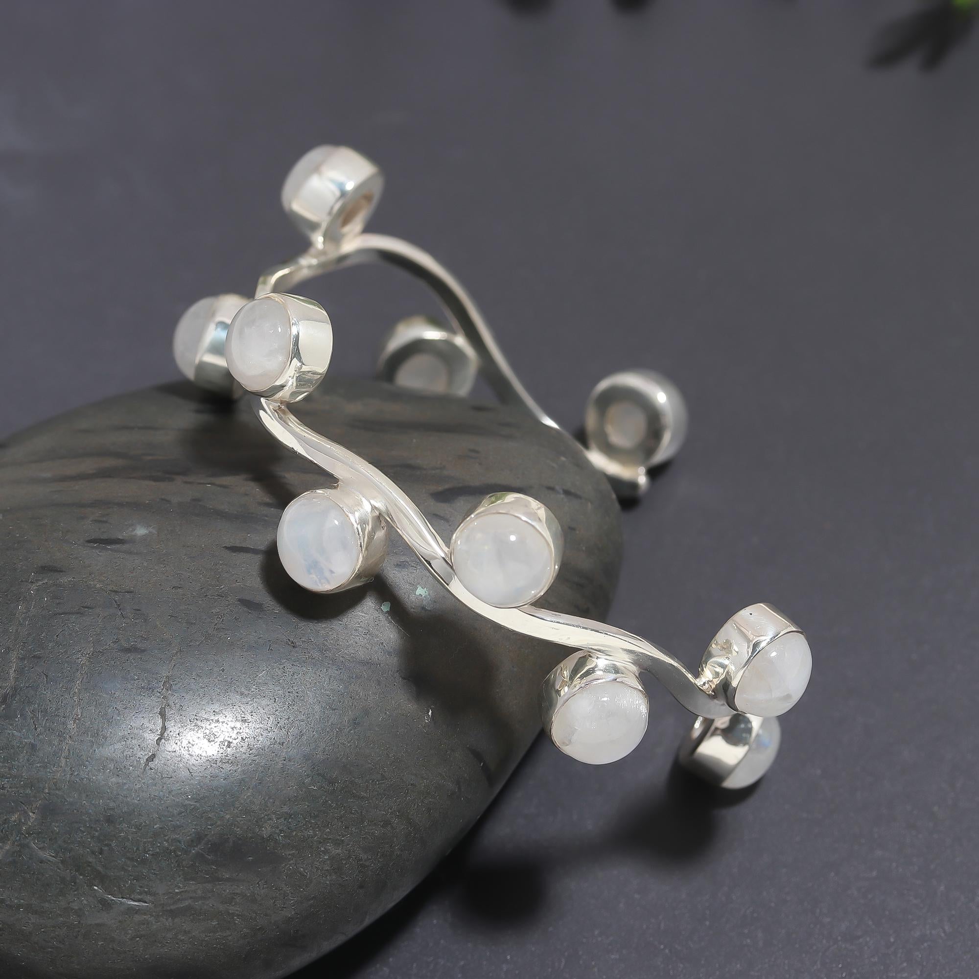 925 Silver Curved Moonstone Open Cuff Bracelet