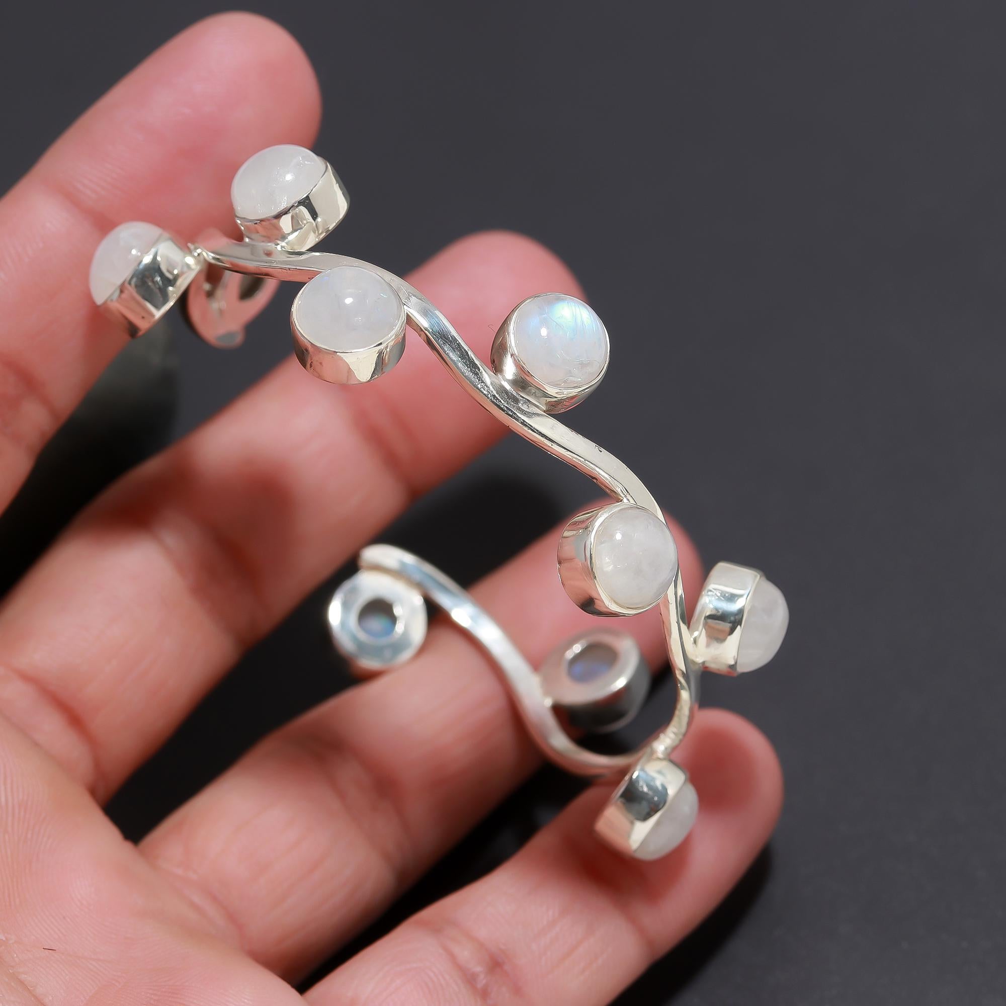 925 Silver Curved Moonstone Open Cuff Bracelet