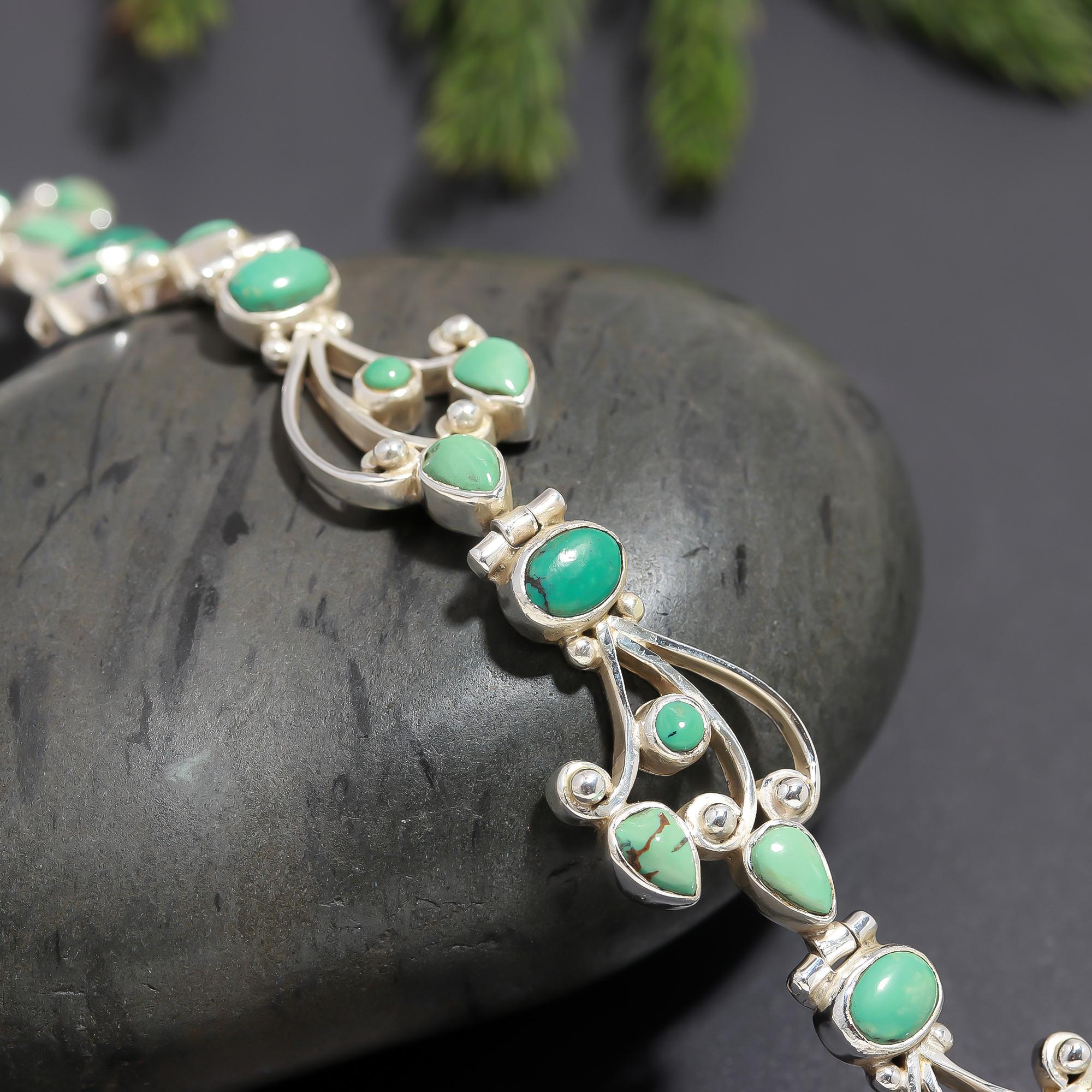 925 Silver Green Turquoise Cluster Bracelet