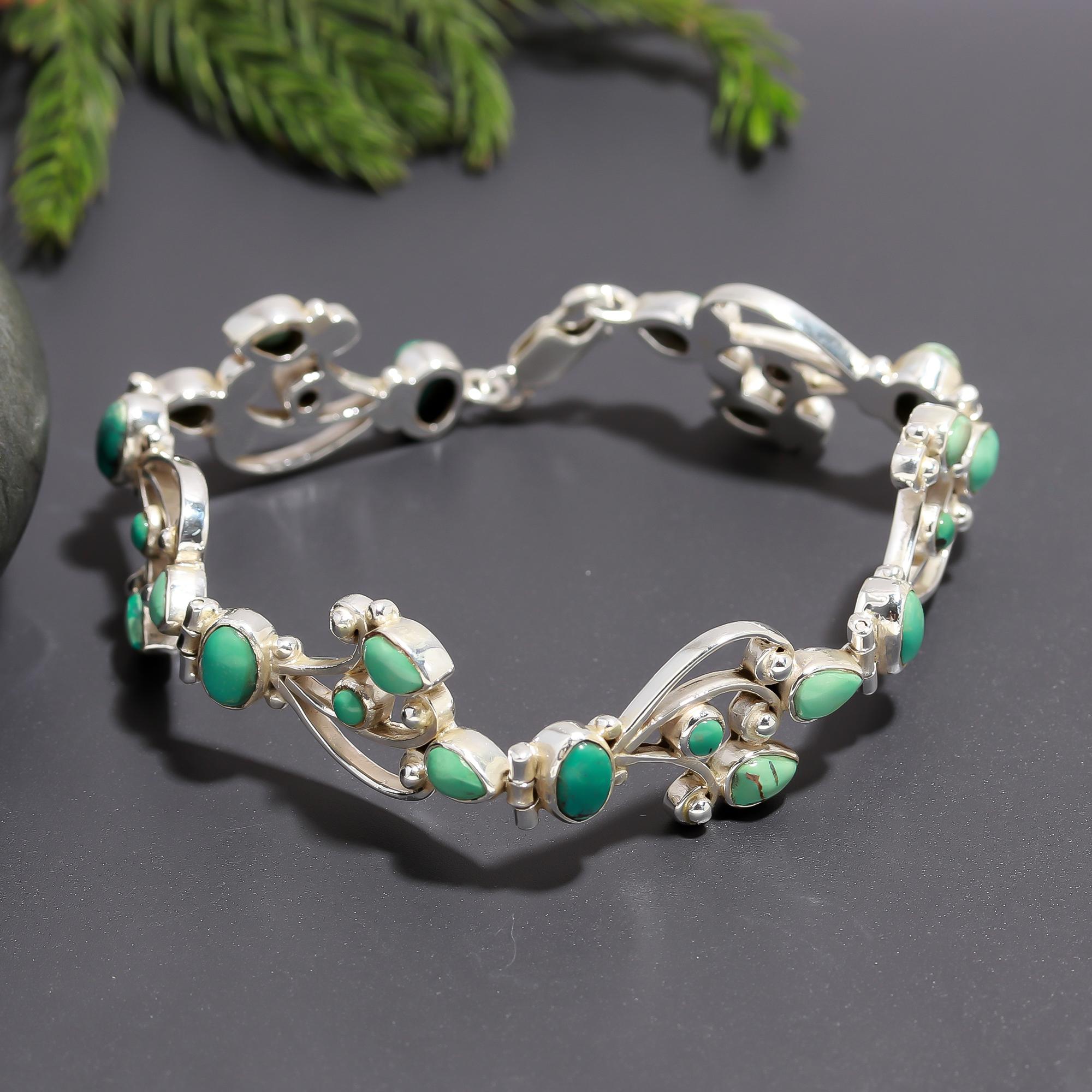 925 Silver Green Turquoise Cluster Bracelet