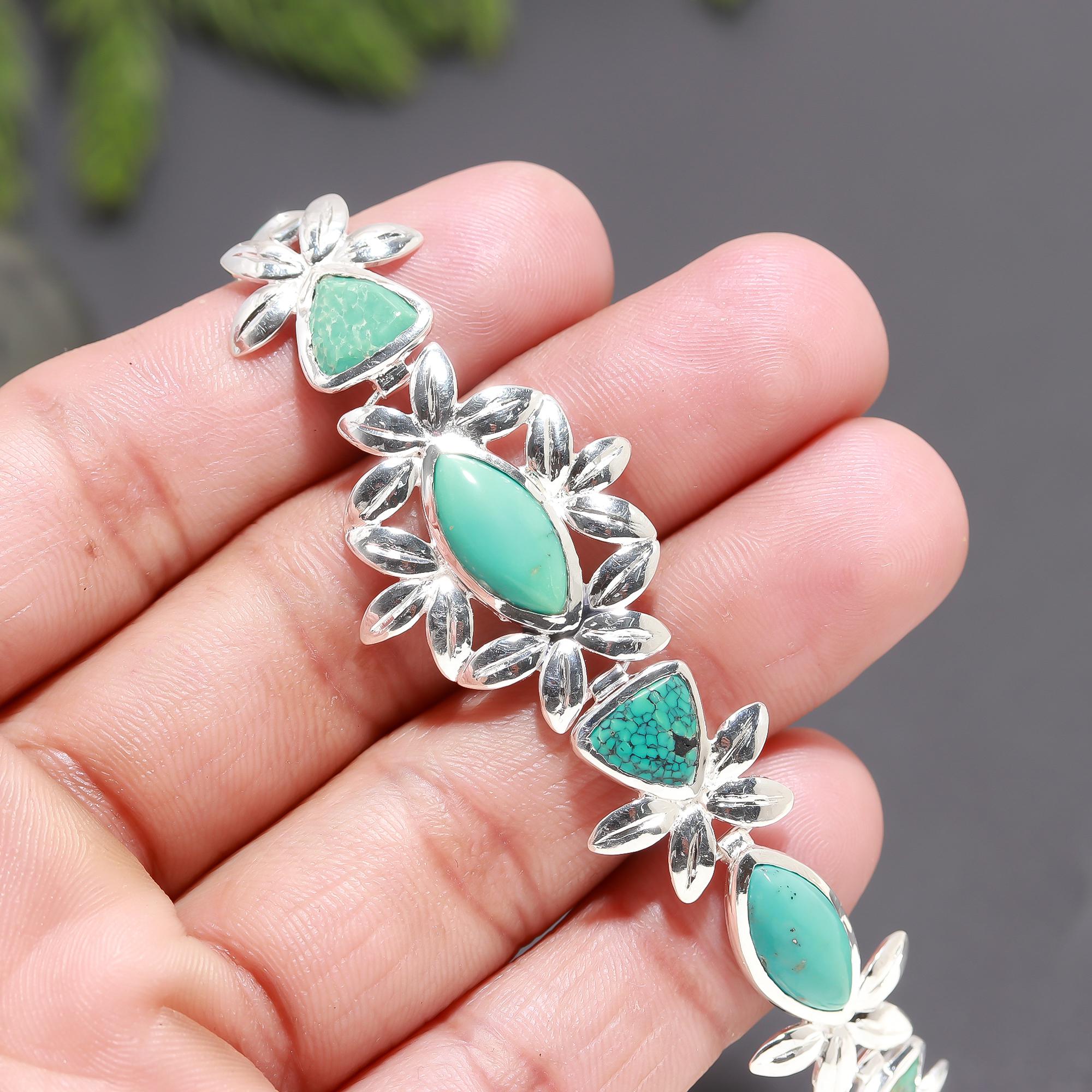 925 Silver Turquoise Floral Motif Link Bracelet