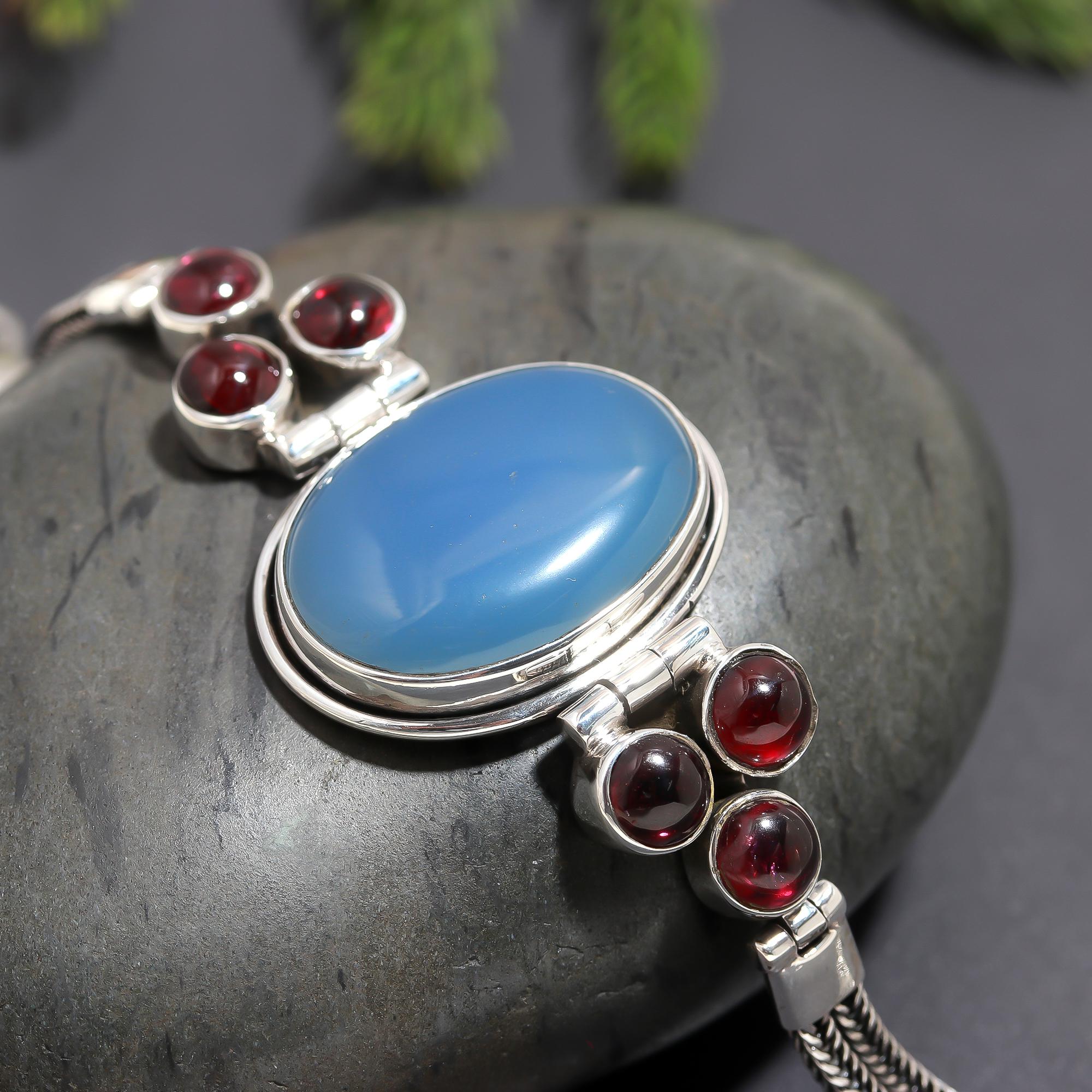 925 Silver Blue Chalcedony and Garnet Bracelet