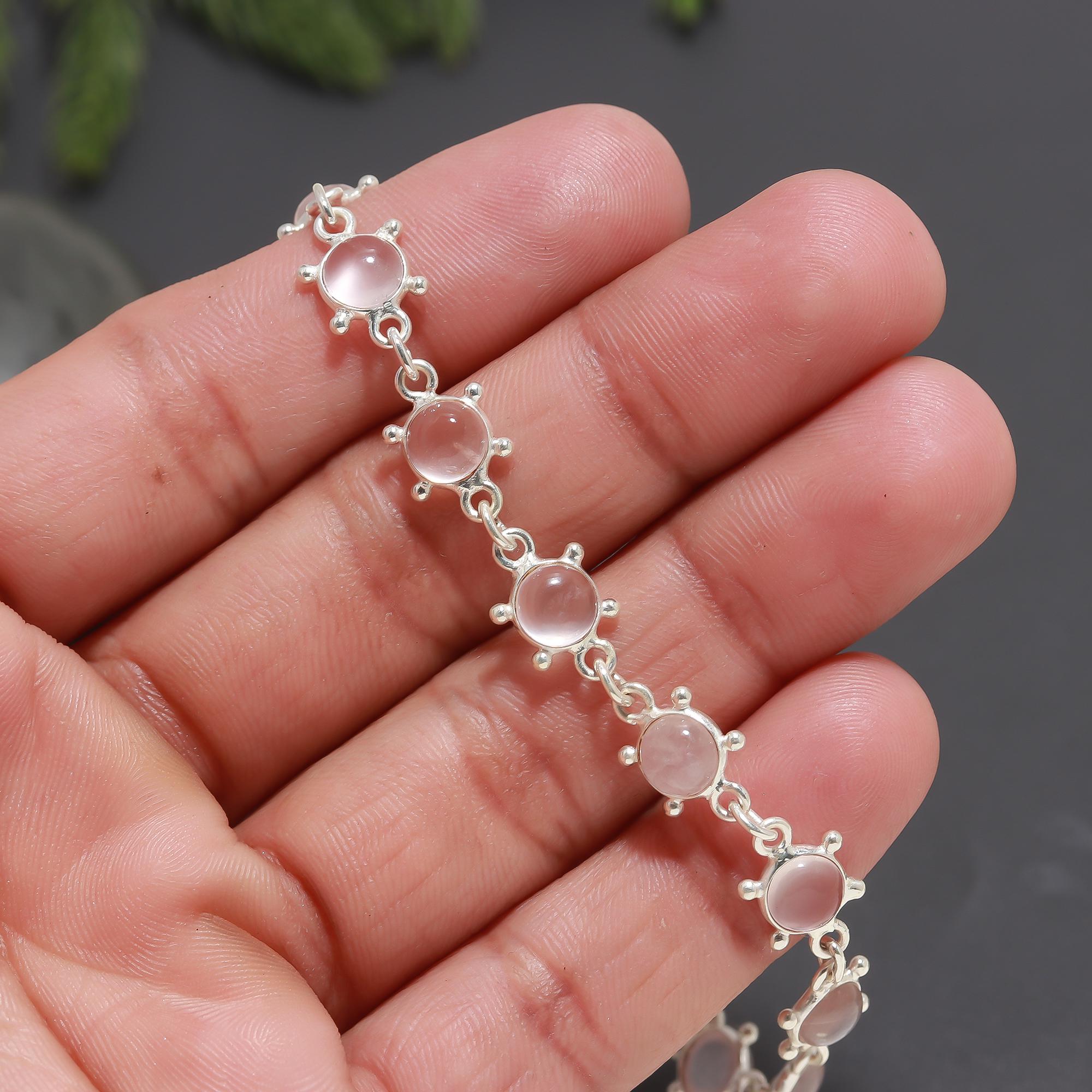 925 Silver Rose Quartz Link Bracelet