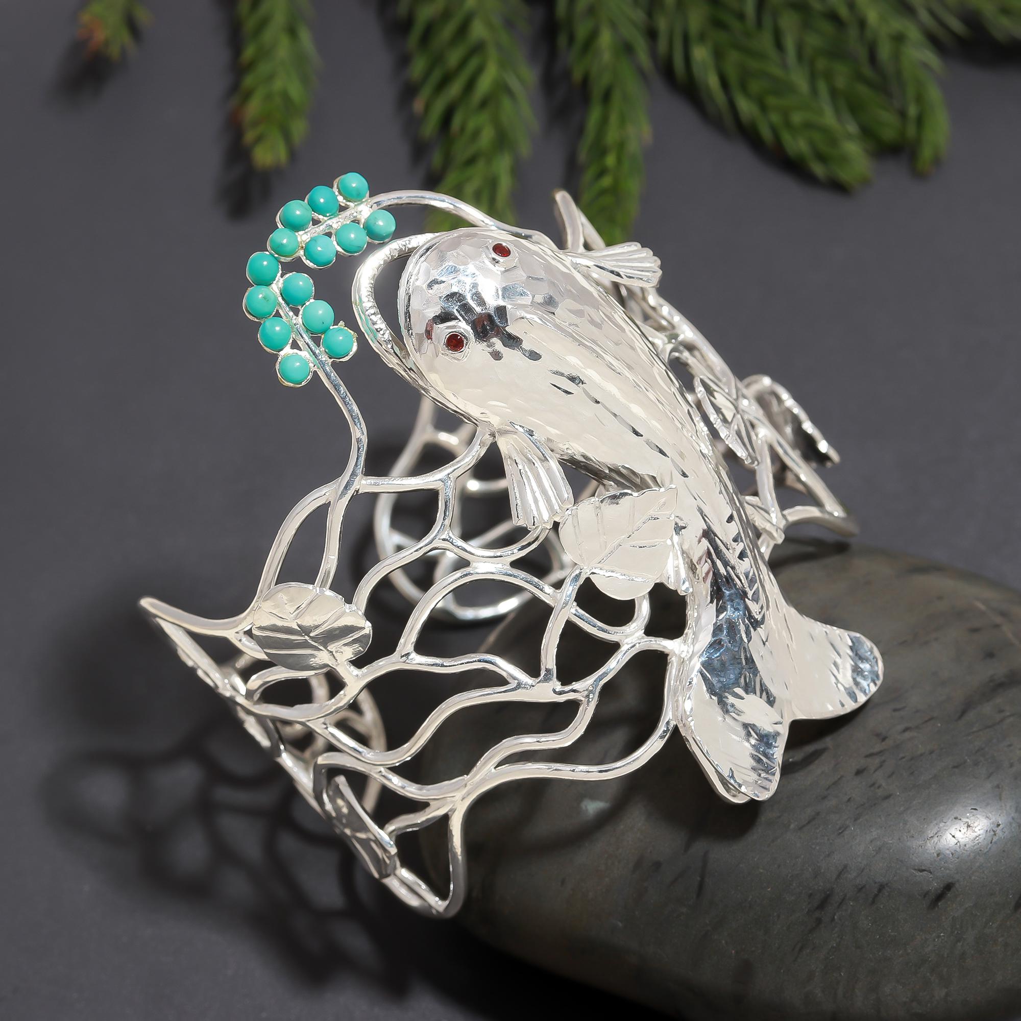 925 Silver Turquoise Koi Fish Openwork Cuff Bracelet