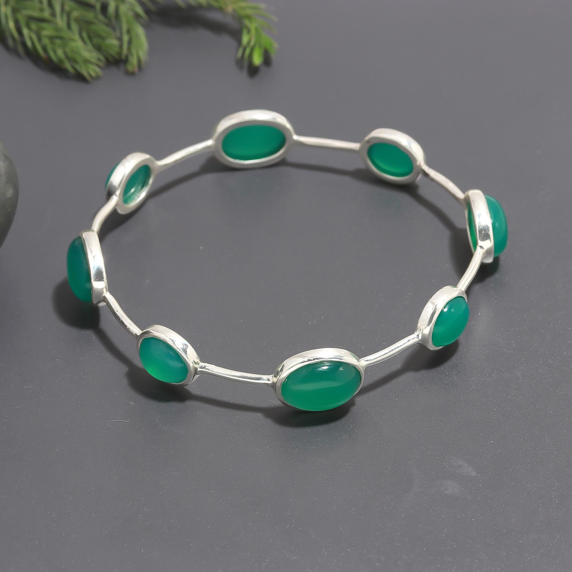 925 Silver Oval Green Onyx Bangle Bracelet