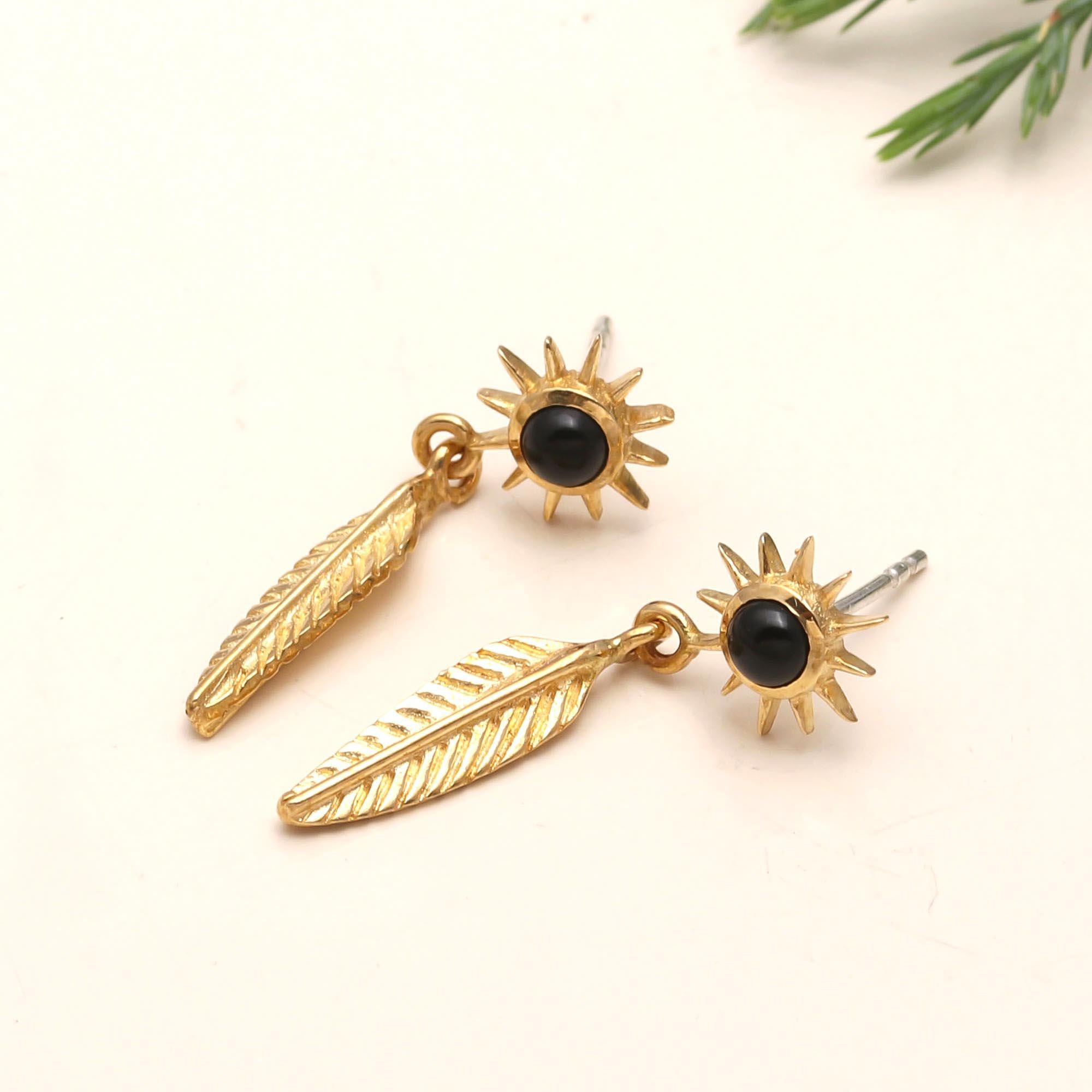 Handmade Brass Leaf Stud Earrings with Black Onyx Gemstones