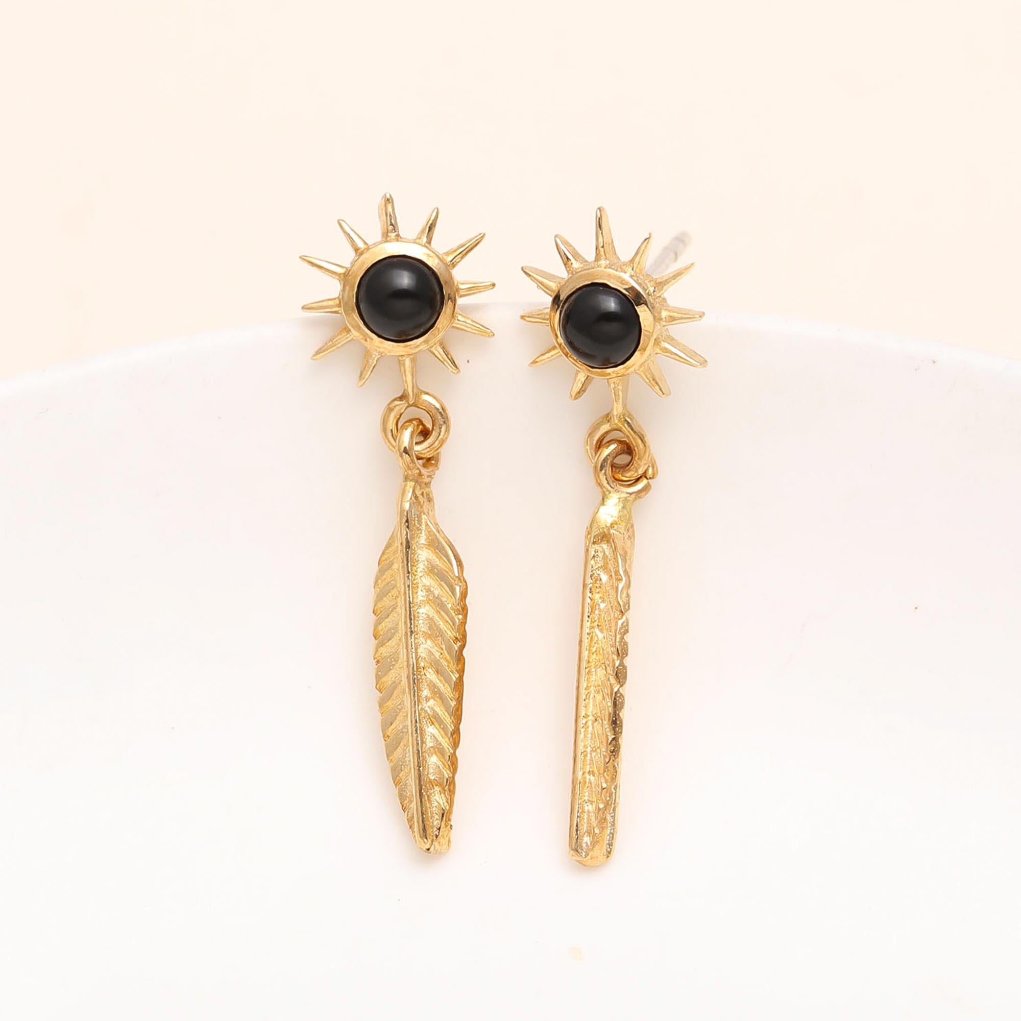 Handmade Brass Leaf Stud Earrings with Black Onyx Gemstones