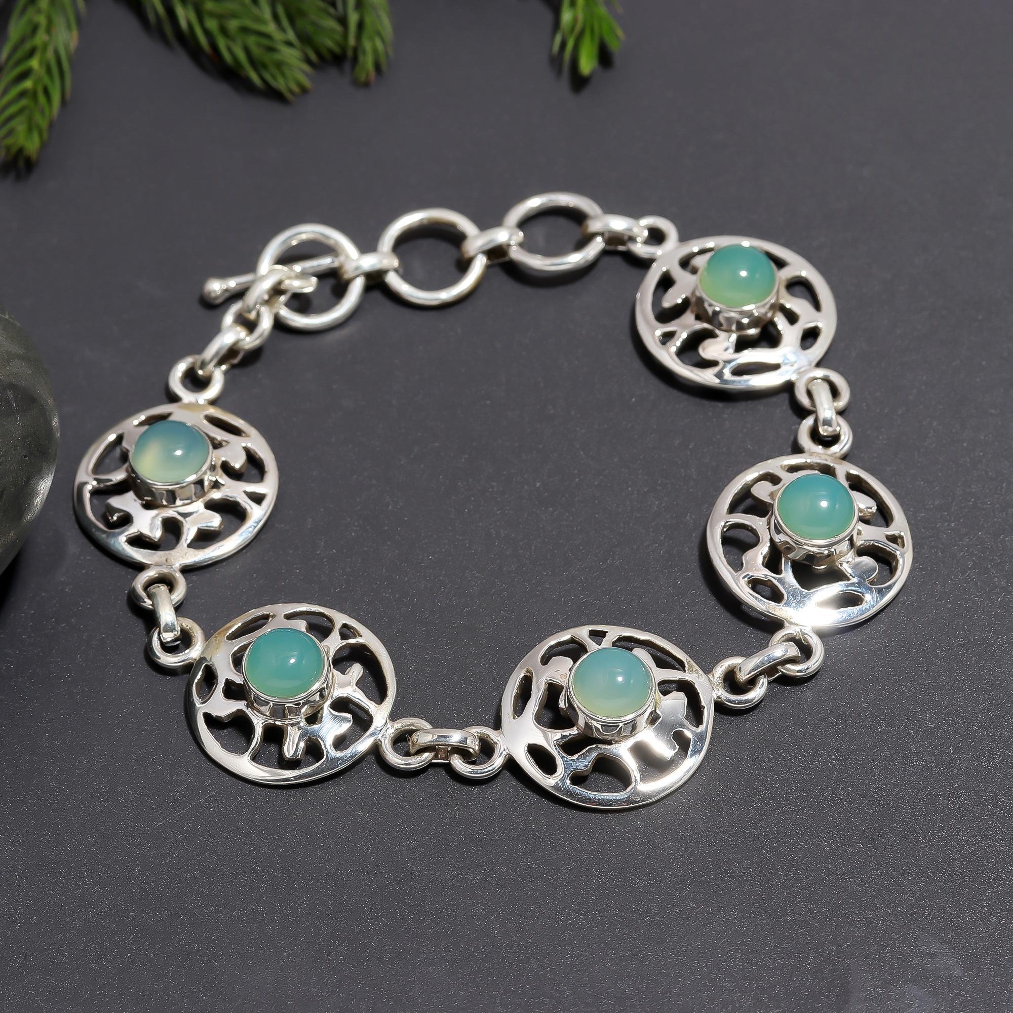 925 Silver Filigree Green Chalcedony Bracelet