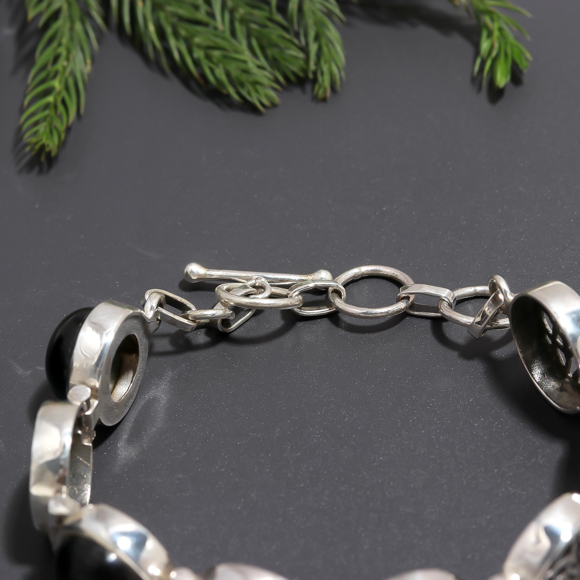 925 Silver Filigree & Black Onyx Link Bracelet