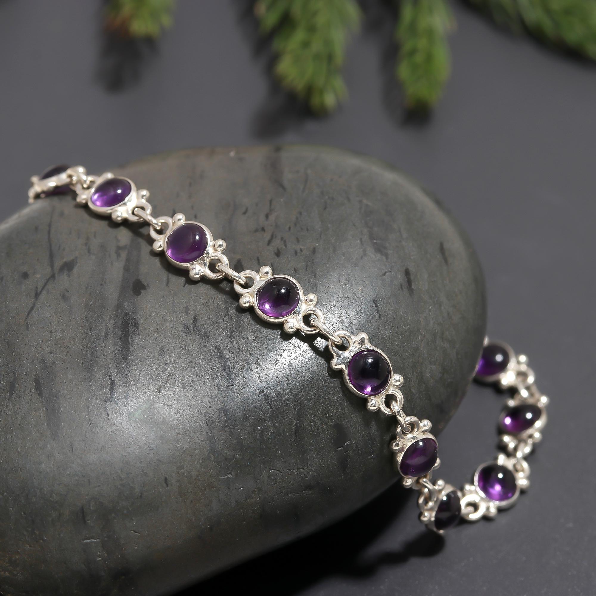 925 Silver Amethyst Floral Link Bracelet