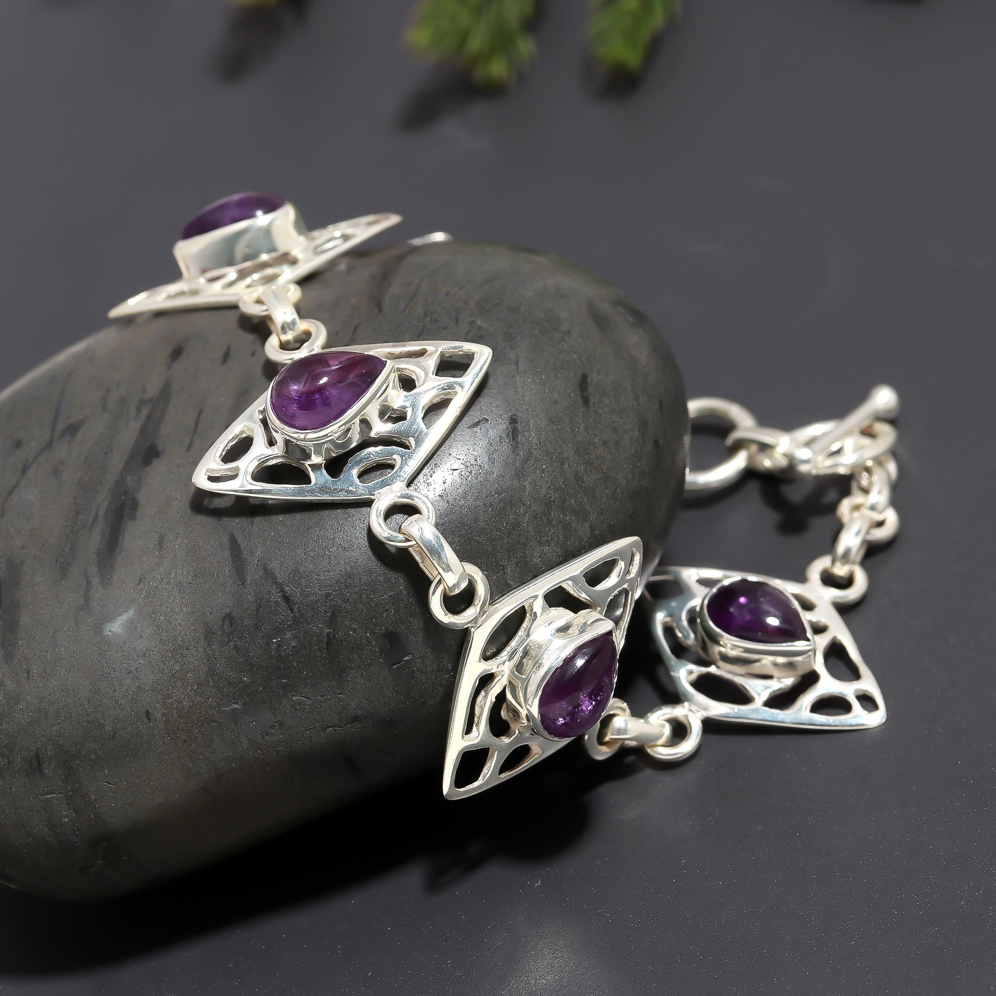 925 Silver Amethyst Teardrop Filigree Link Bracelet