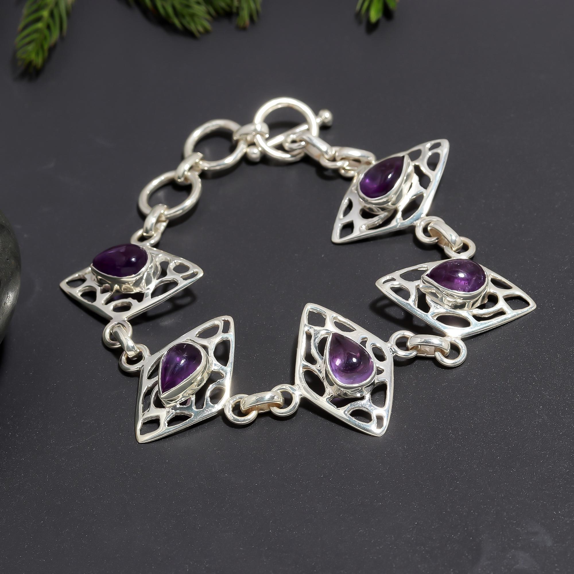 925 Silver Amethyst Teardrop Filigree Link Bracelet