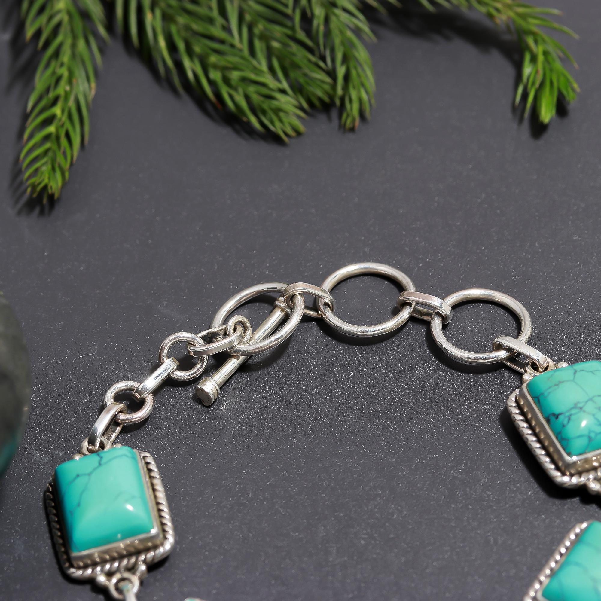 925 Silver Turquoise Rope Frame Link Bracelet