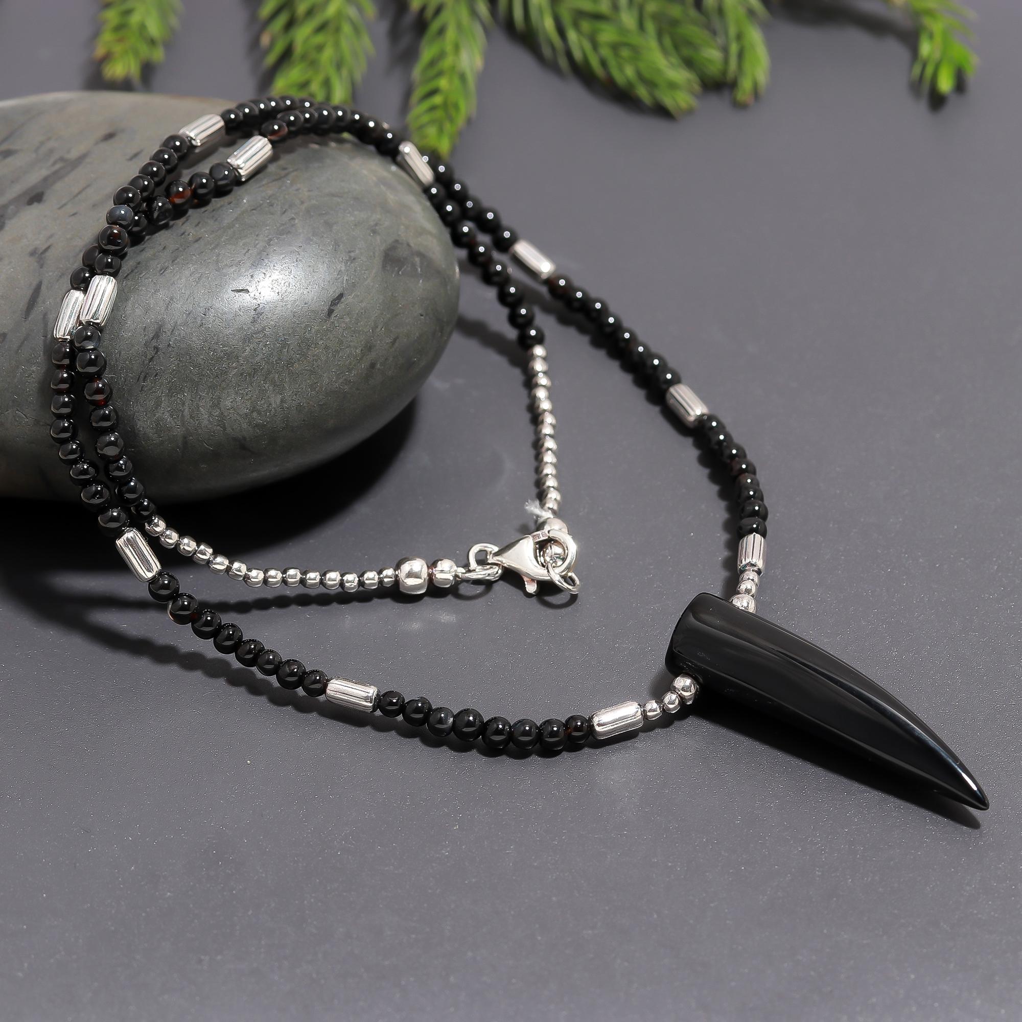 925 Silver & Onyx Horn Pendant Beaded Necklace