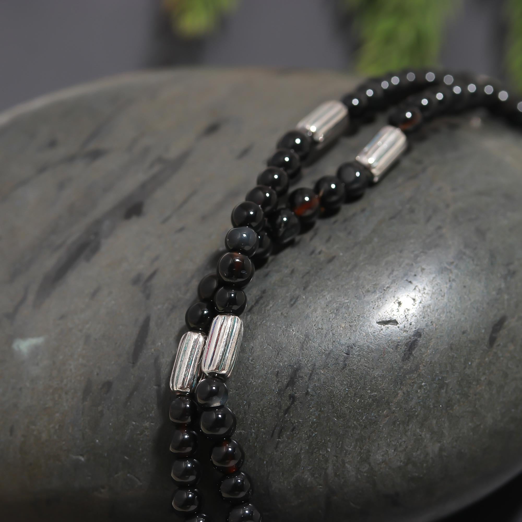 925 Silver & Onyx Horn Pendant Beaded Necklace