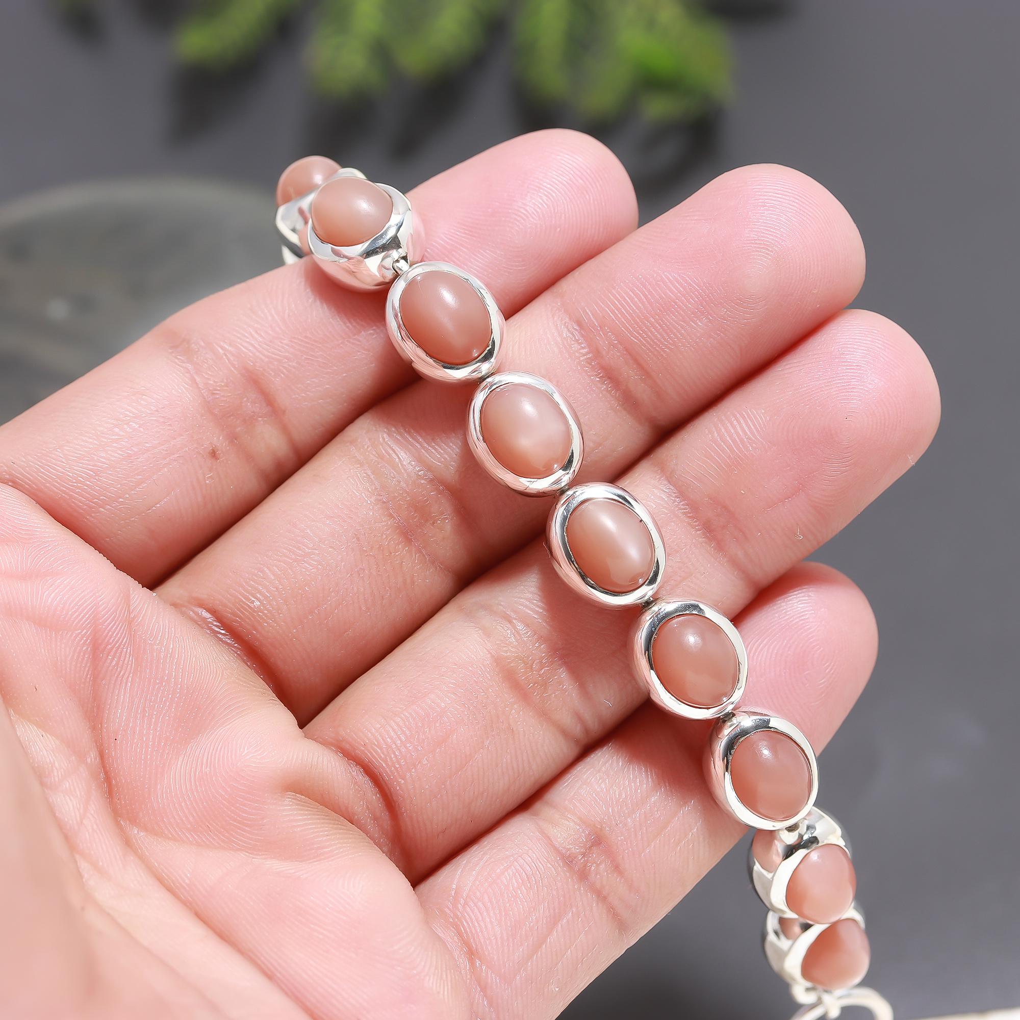 925 Silver Oval Pink Moonstone Link Bracelet