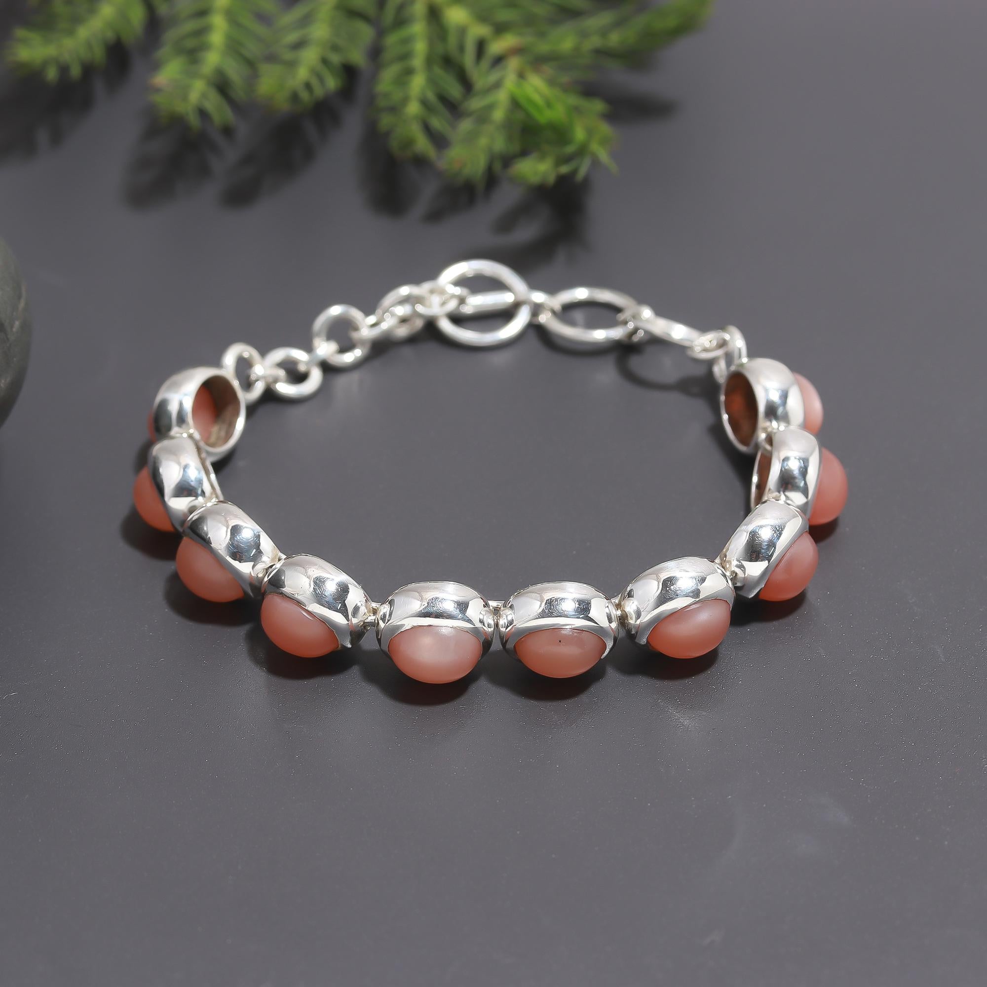 925 Silver Oval Pink Moonstone Link Bracelet