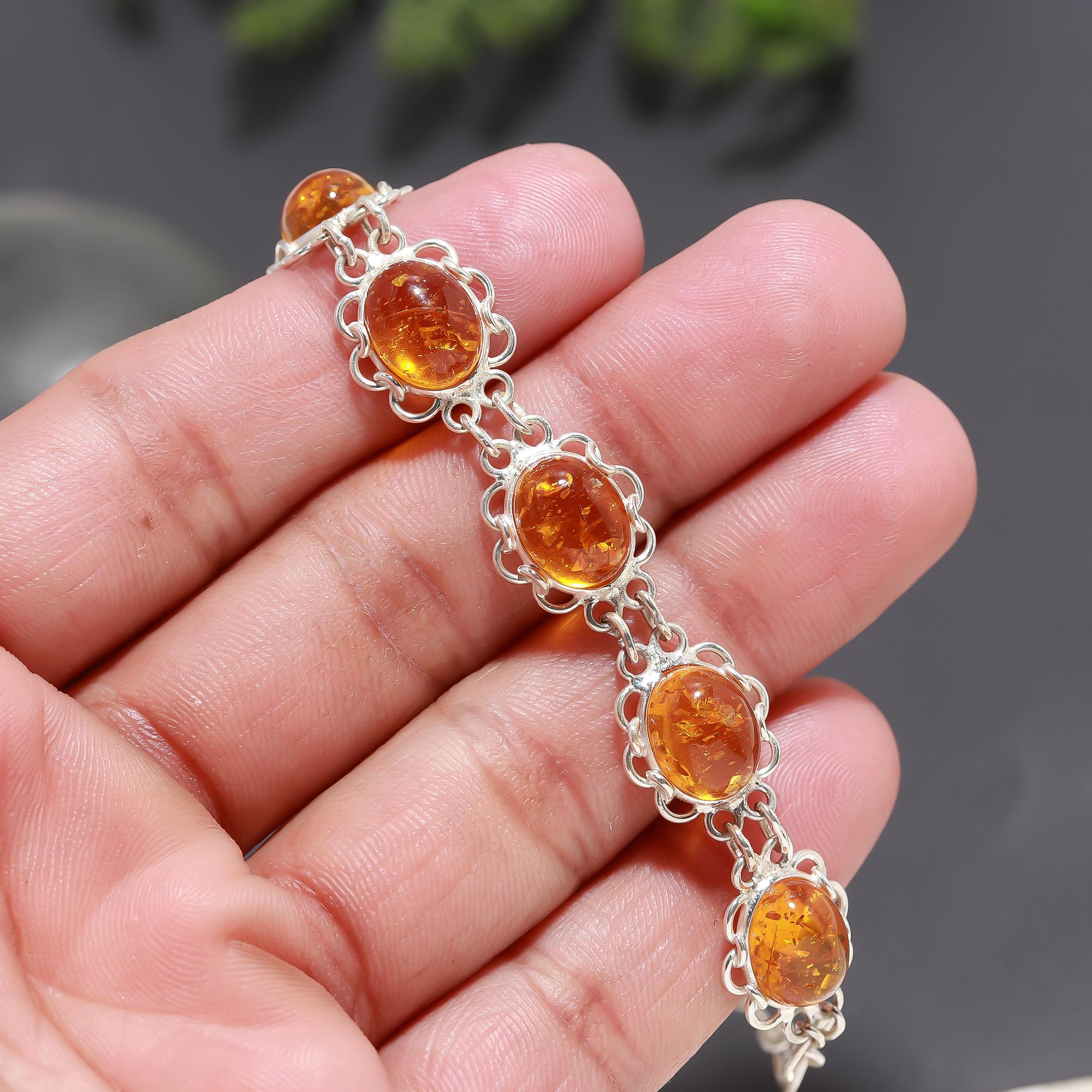 925 Silver Oval Amber Link Bracelet