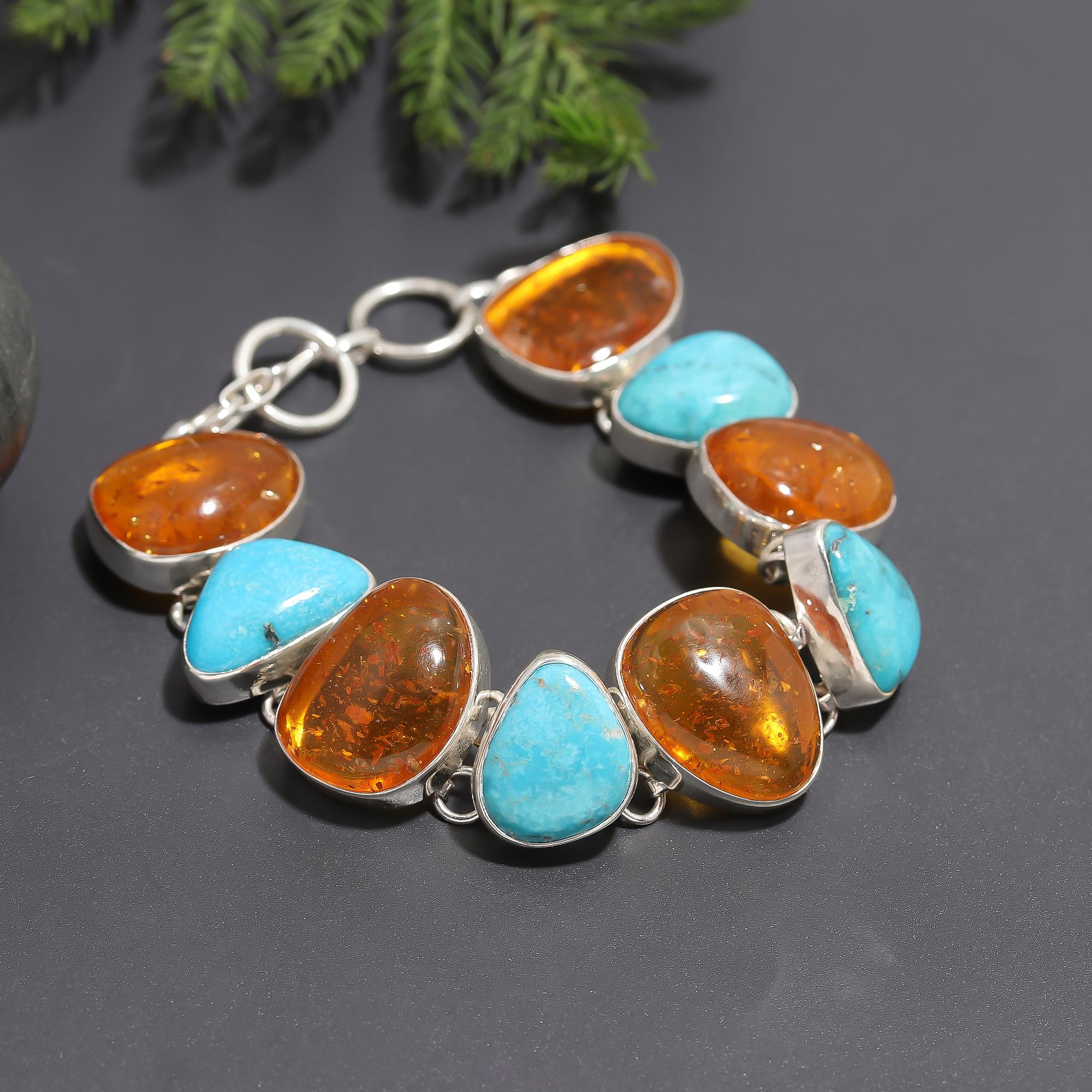 925 Silver Amber and Turquoise Statement Bracelet