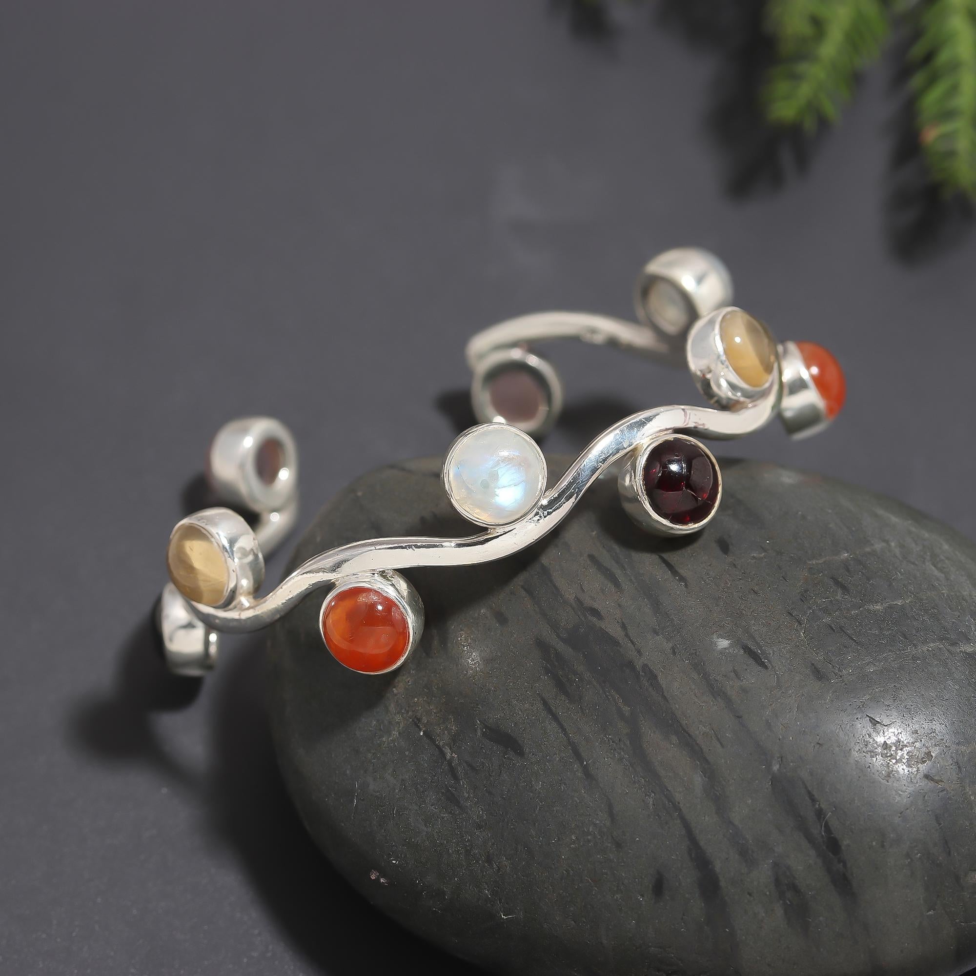 925 Silver Wavy Multi-Gemstone Open Cuff Bracelet