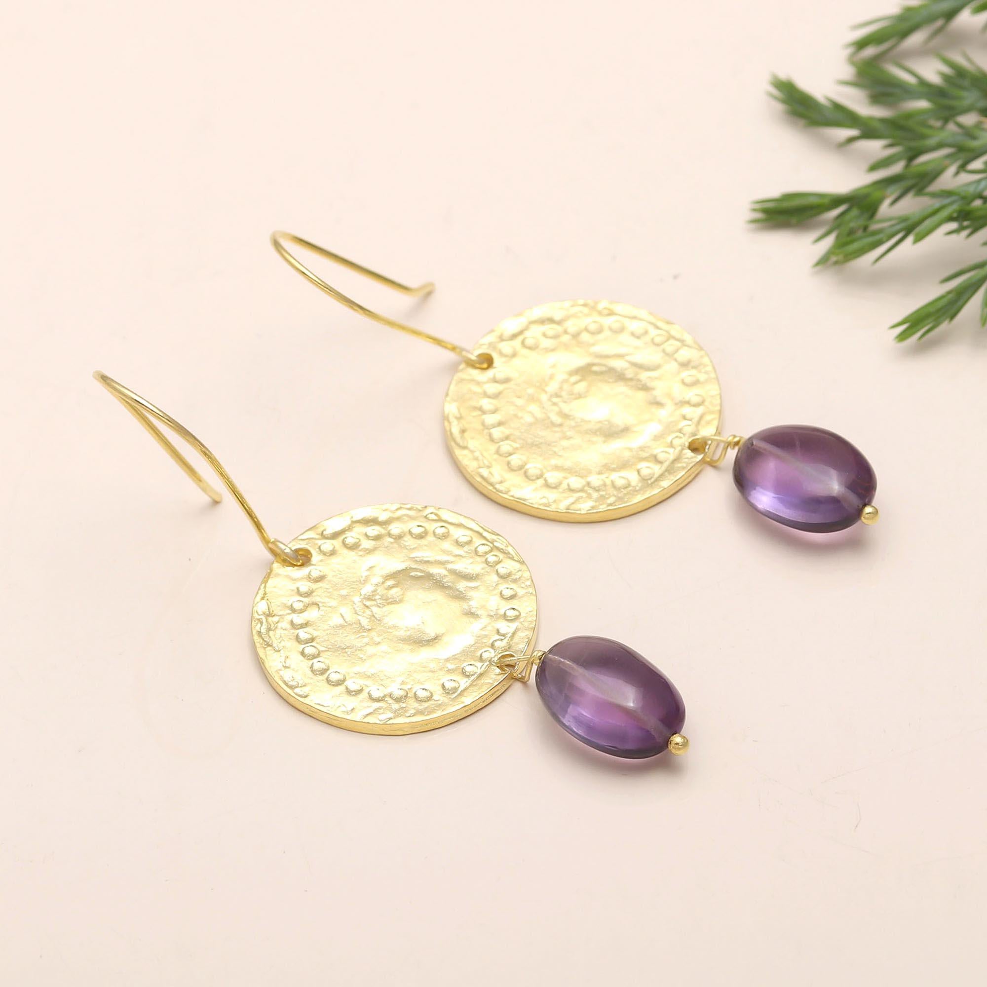 The Royal Coin: Amethyst & Hammered Disc Earrings