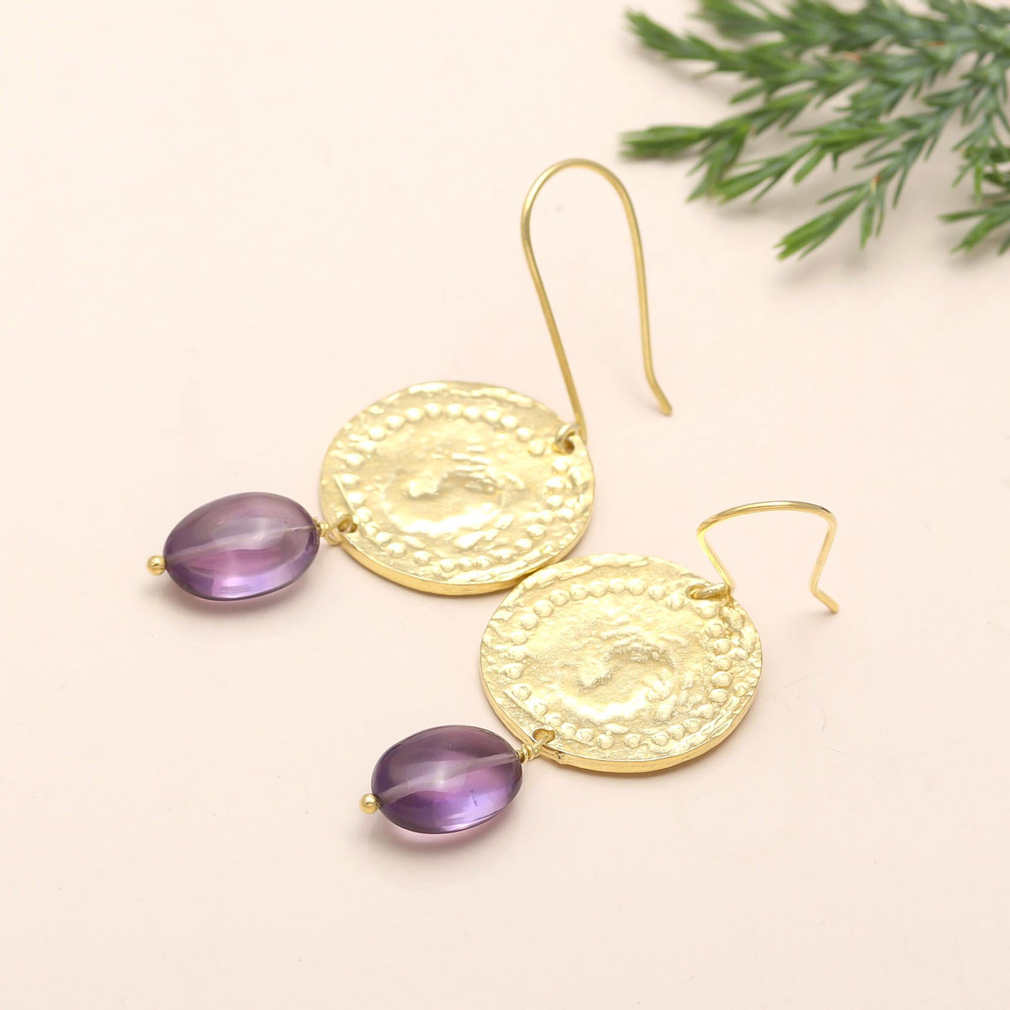 The Royal Coin: Amethyst & Hammered Disc Earrings