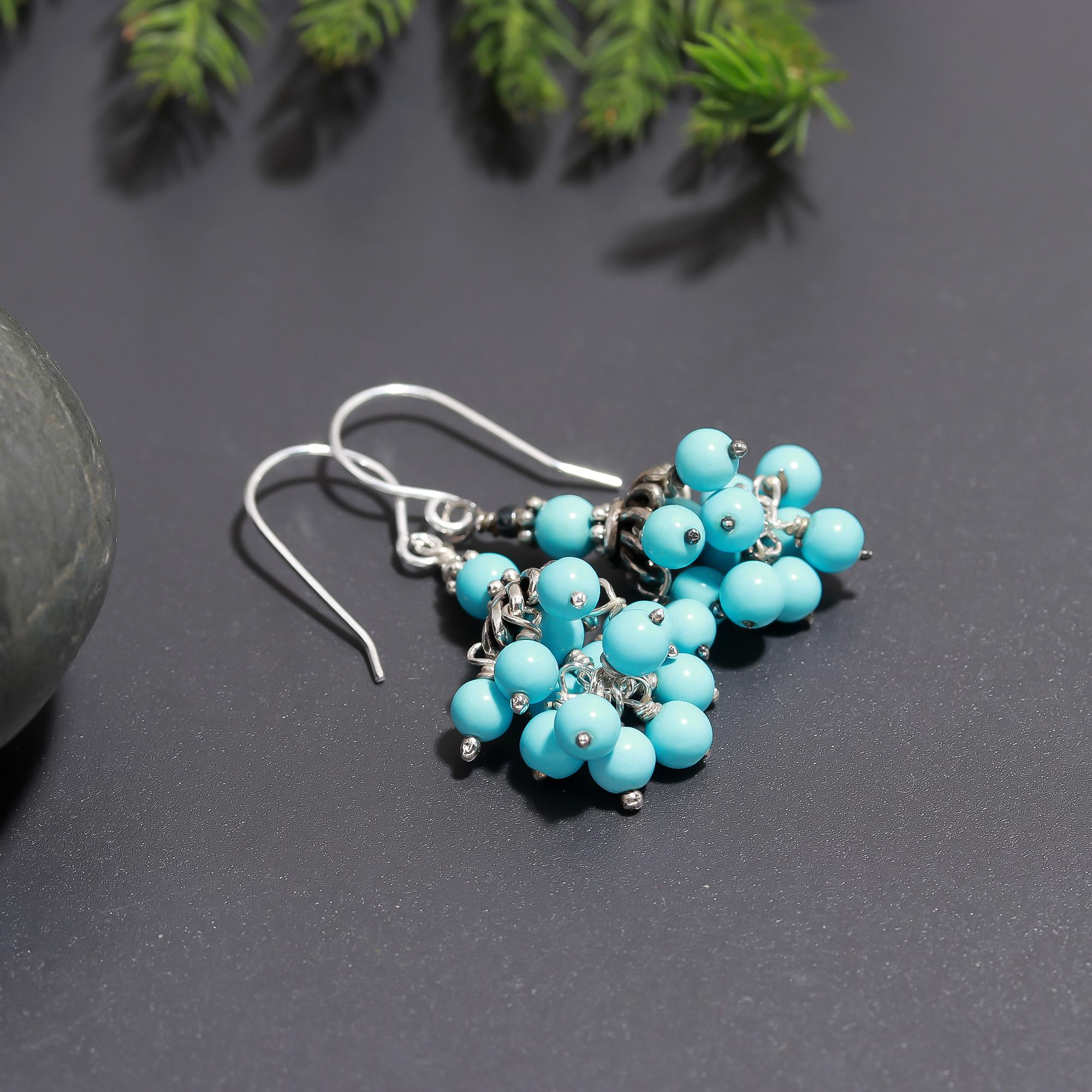 925 Silver Turquoise Beads Dangle Earrings