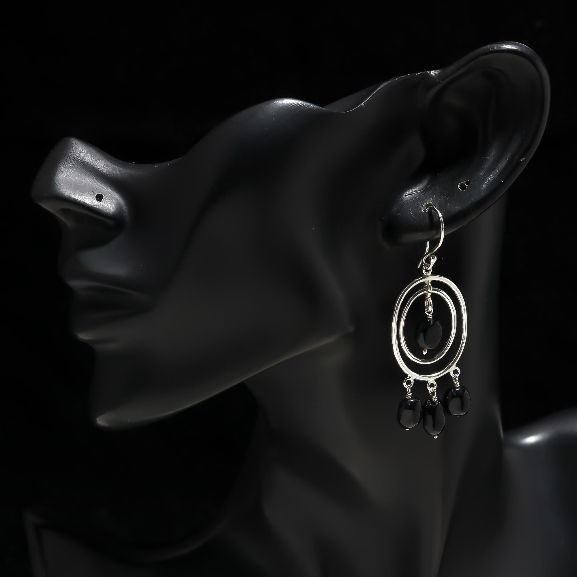 925 Silver Black Beaded Double Hoop Dangle Earrings