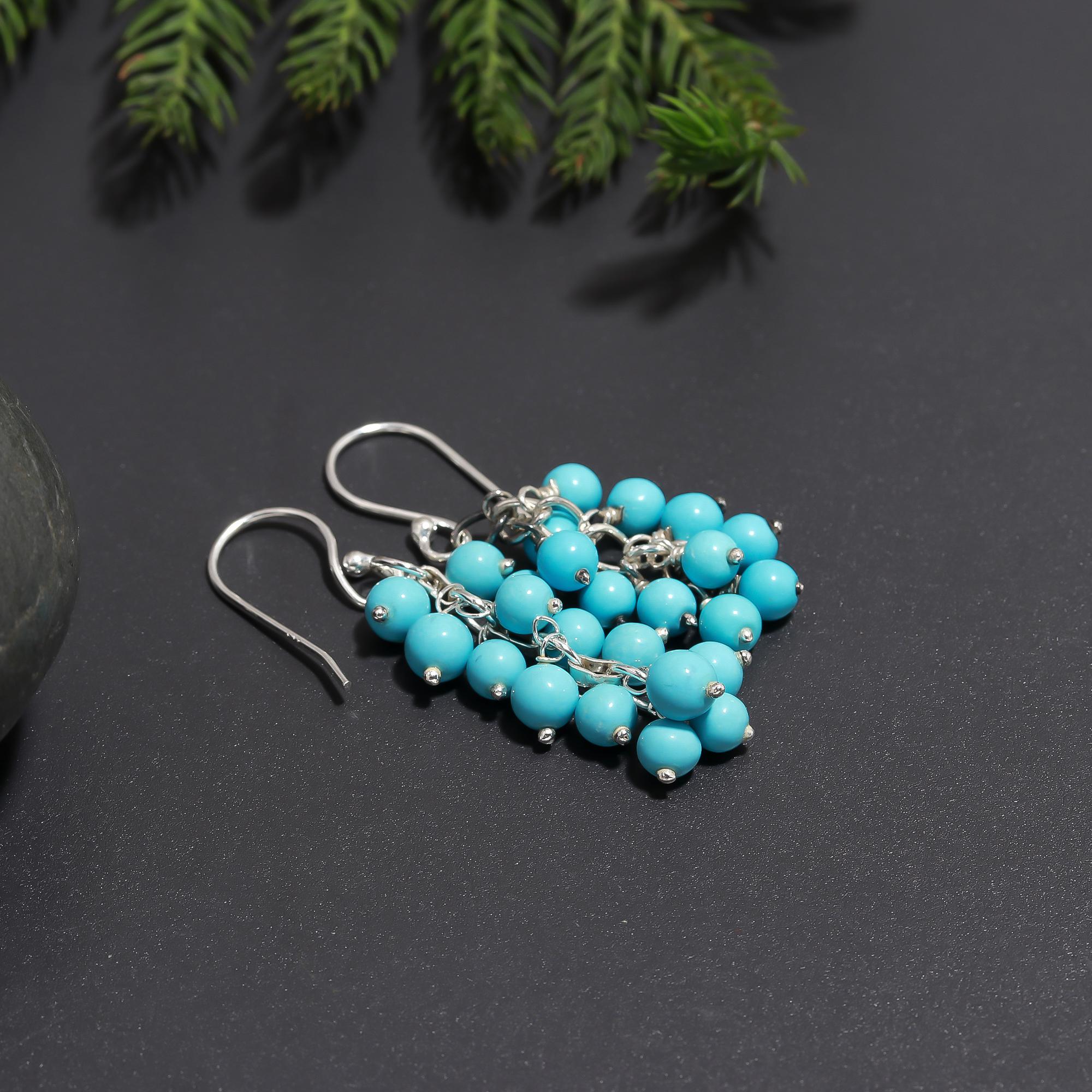 925 Silver Turquoise Cluster Beaded Dangle Earrings