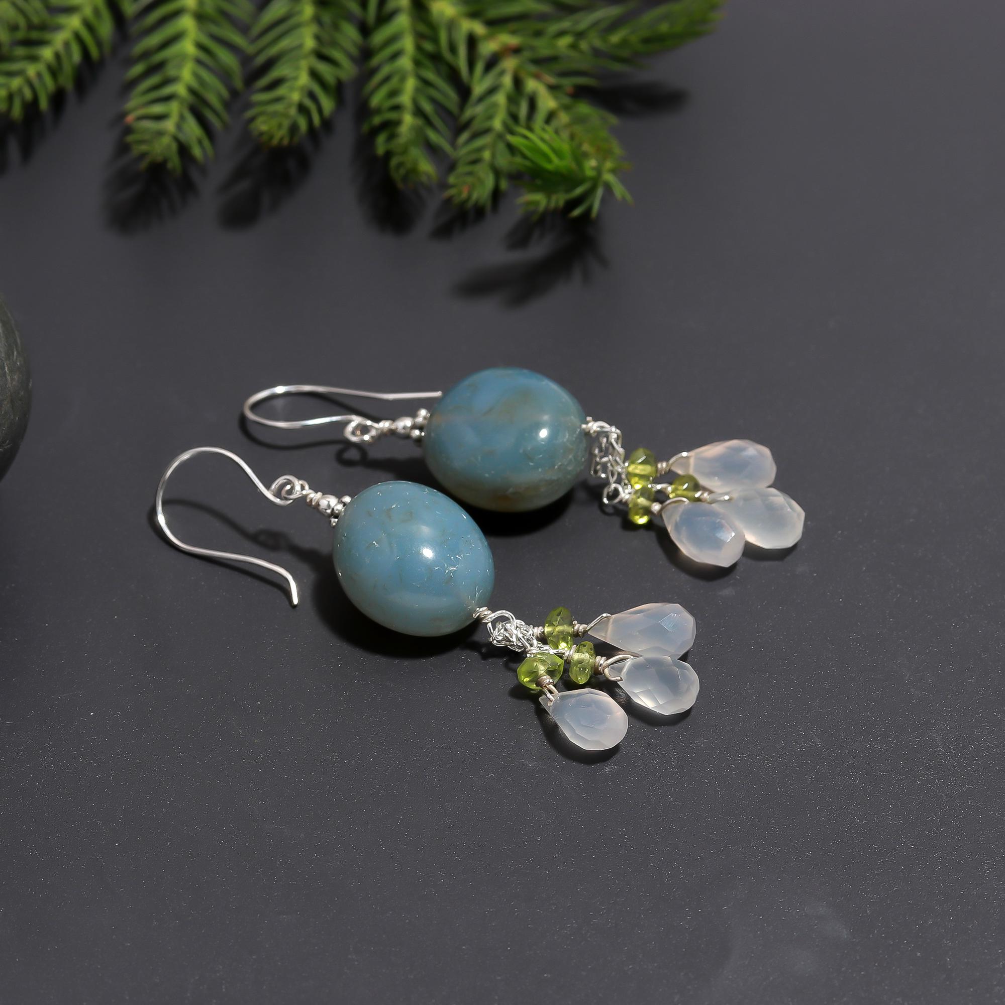 925 Silver Blue Moonstone, Peridot & Quartz Drop Earrings