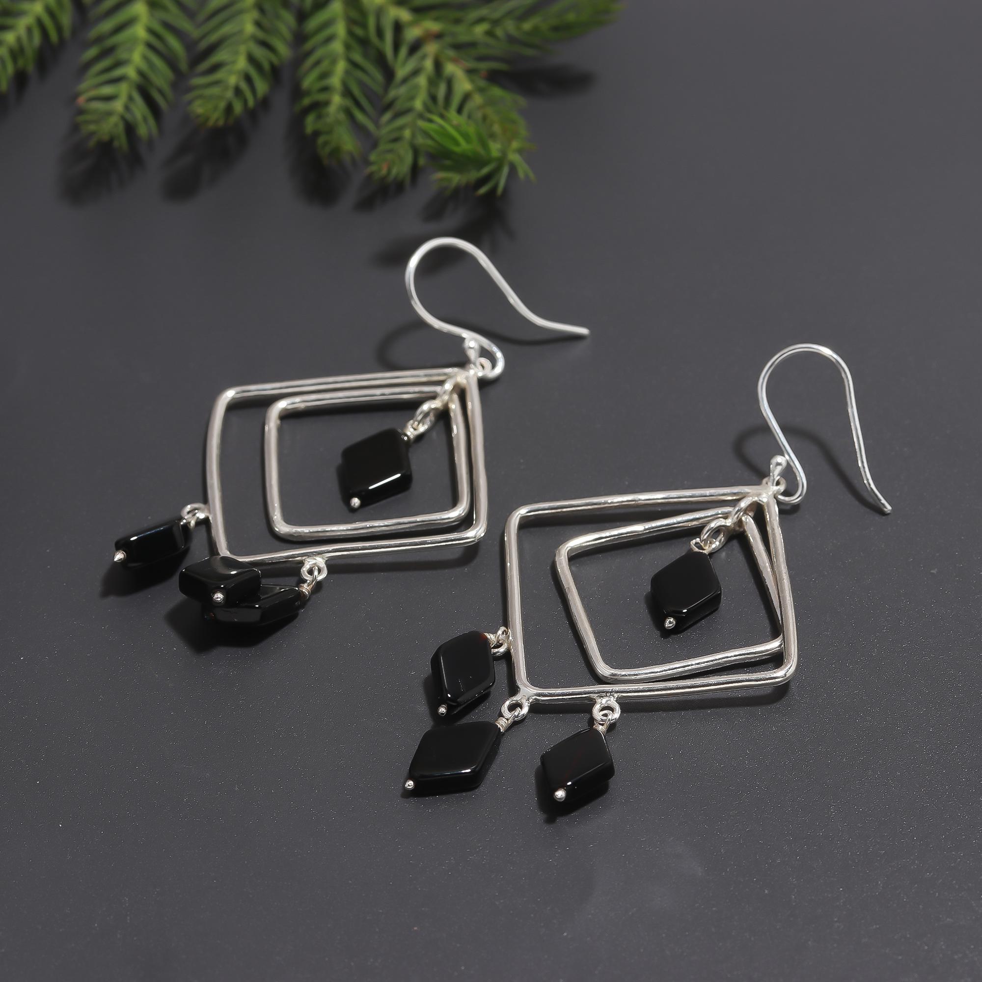 925 Silver Black Onyx Dangle Earrings
