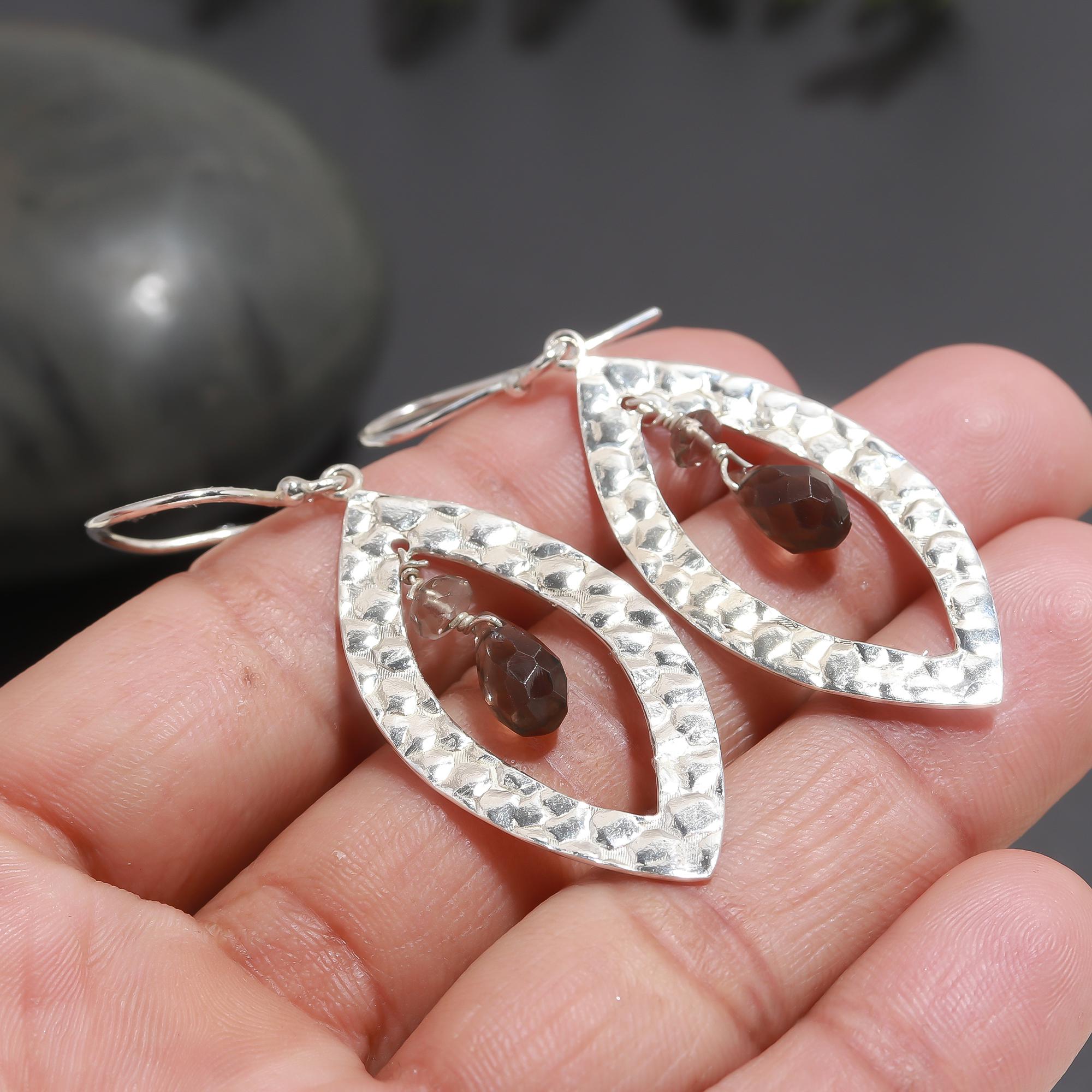 925 Silver Hammered Garnet Dangle Earrings