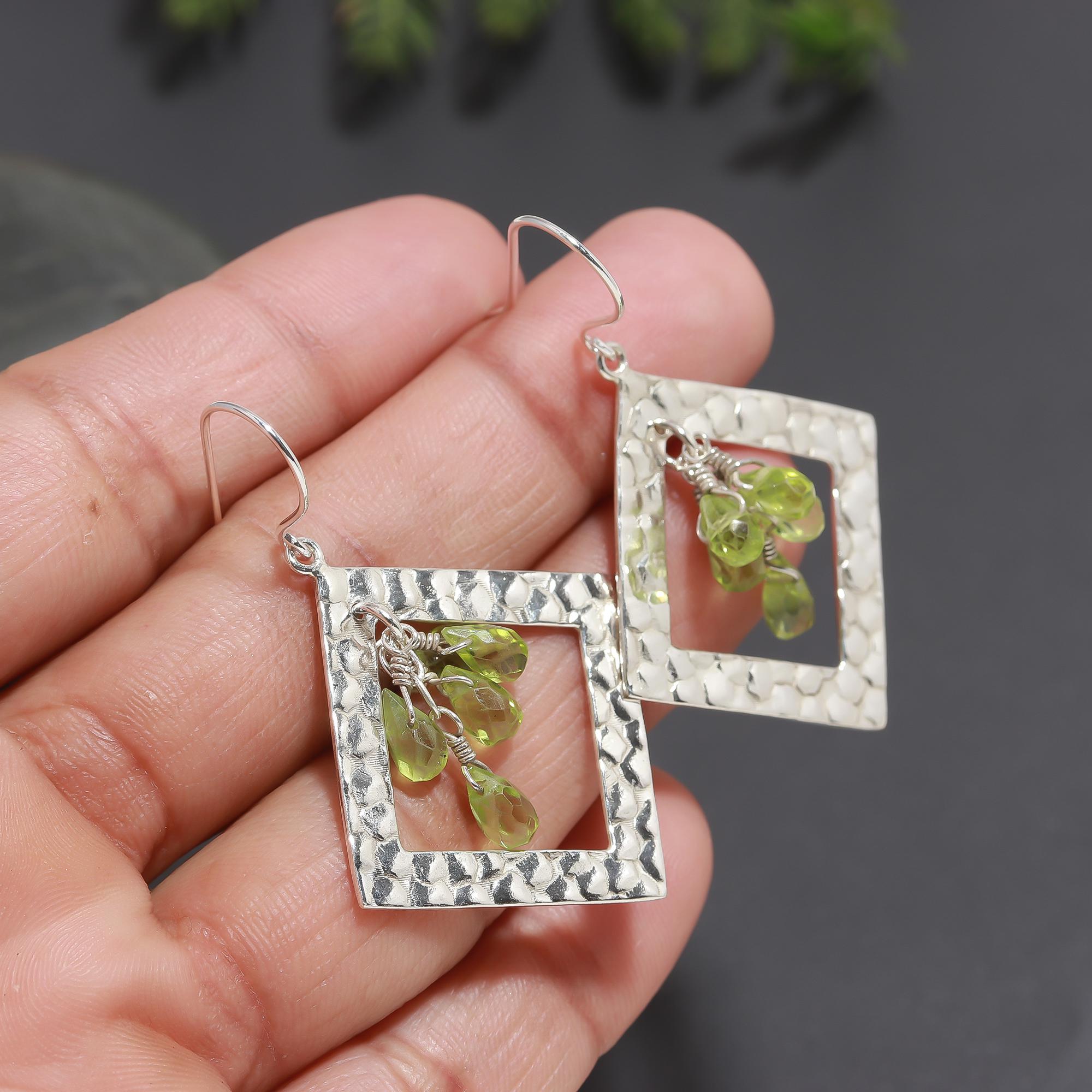 925 Silver Hammered Square Peridot Dangle Earrings