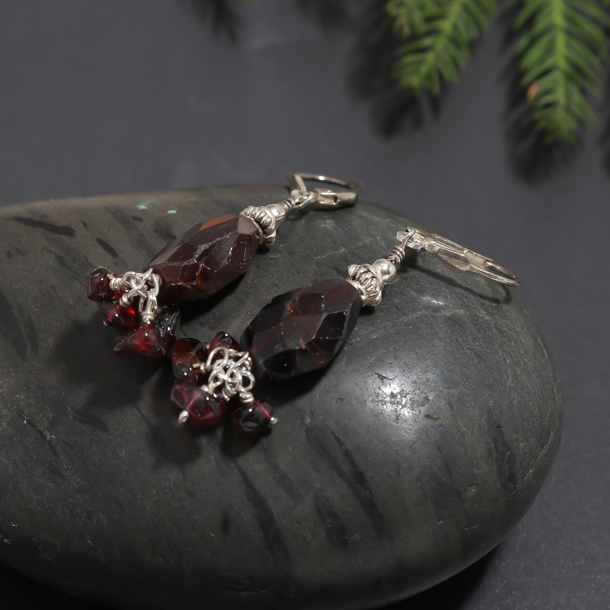 925 Silver Garnet Beads Cluster Dangle Earrings