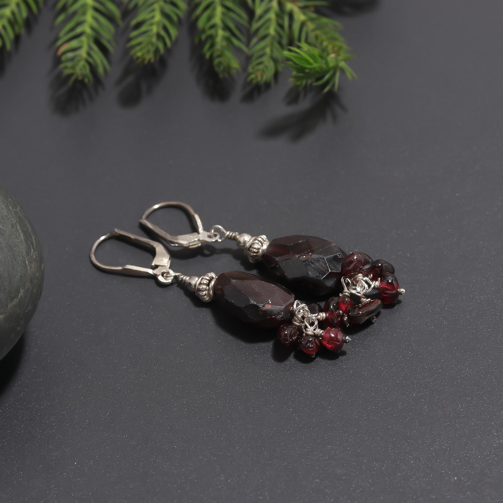 925 Silver Garnet Beads Cluster Dangle Earrings