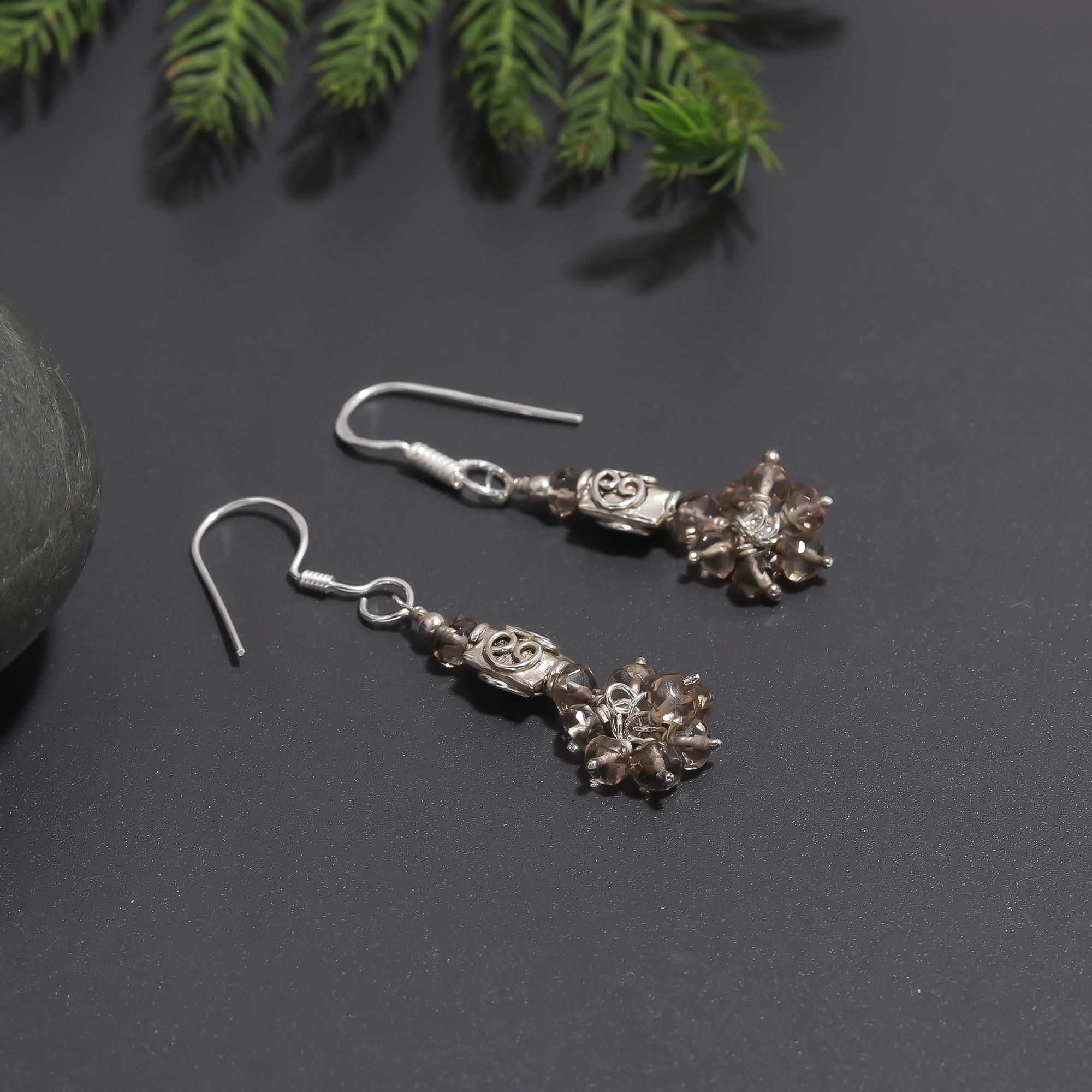 925 Silver Smoky Quartz Beads Dangle Earrings