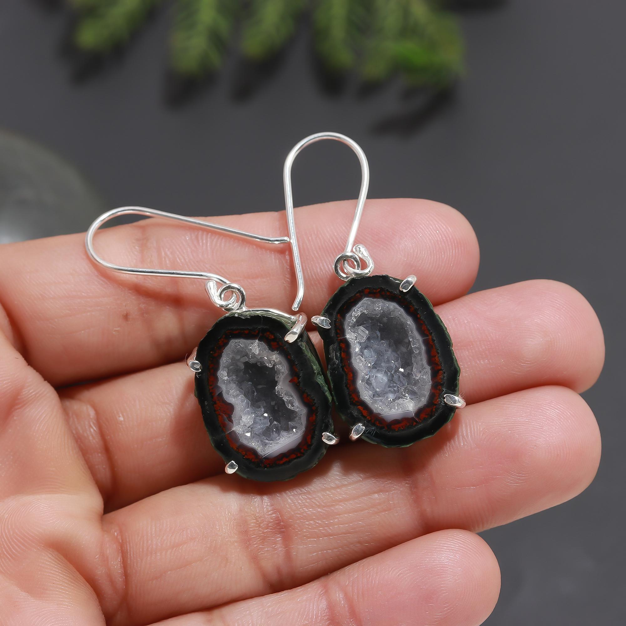 925 Silver Natural Druzy Slice Dangle Earrings