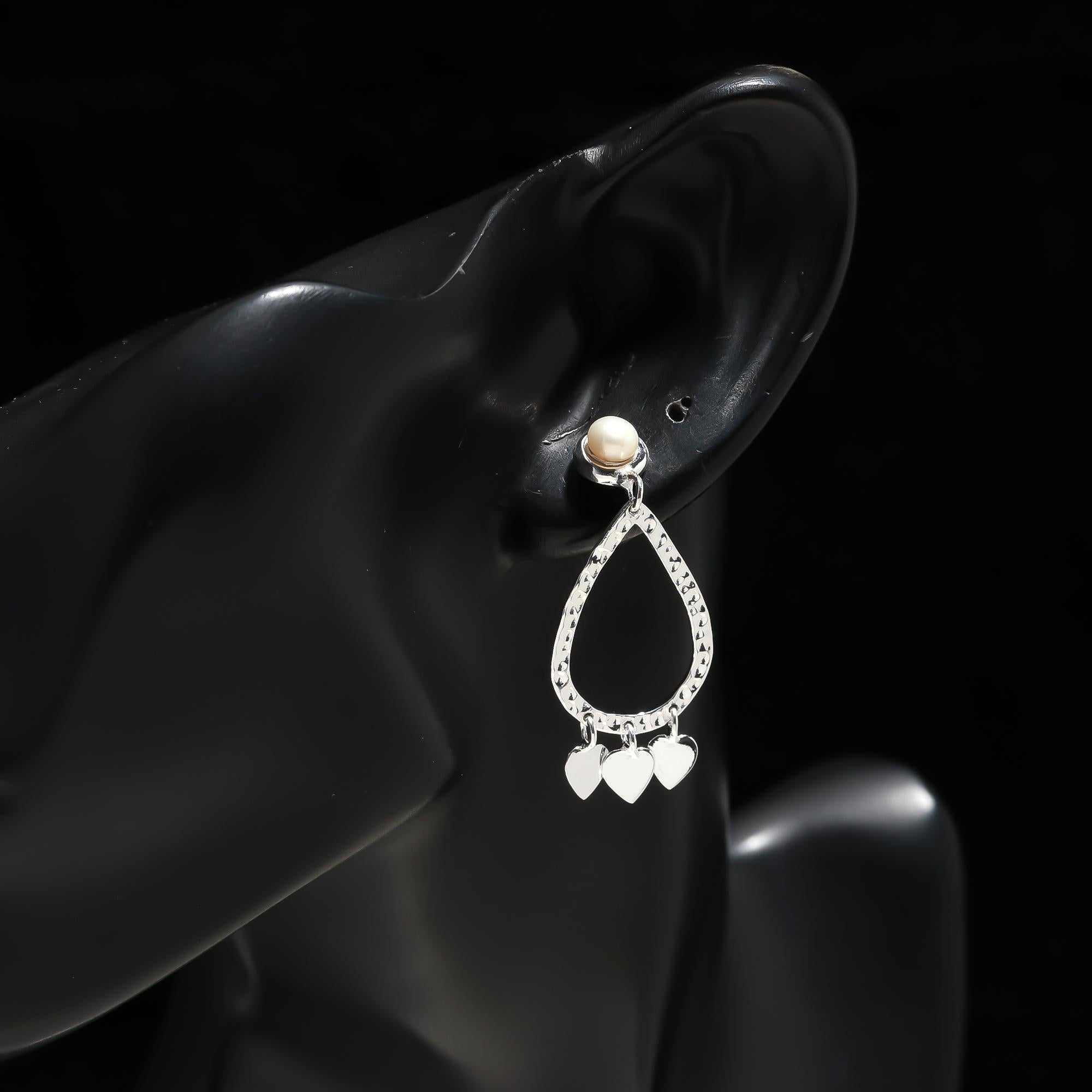 925 Silver Pearl and Heart Charm Drop Earrings
