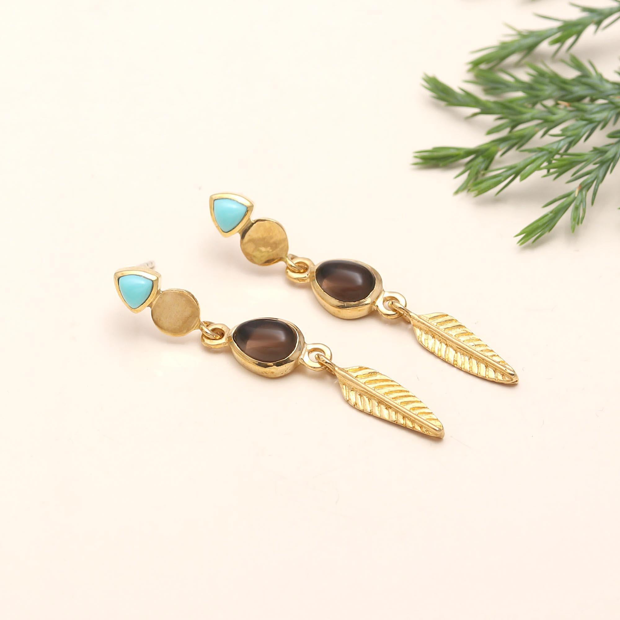 Leaf Earrings with Smoky Quartz and Turquoise